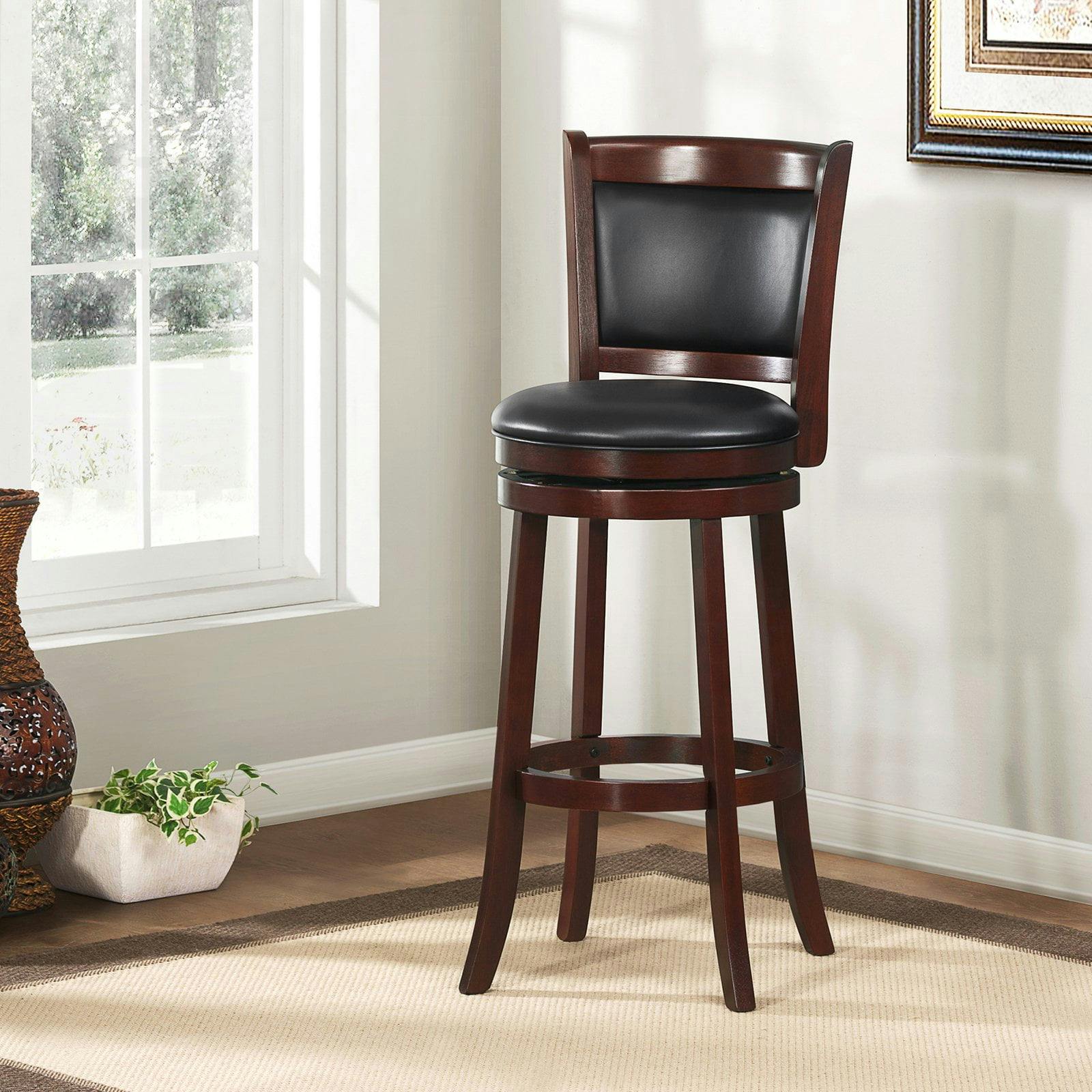 Traditional Cherry Wood and Black Faux Leather Swivel Pub Stool