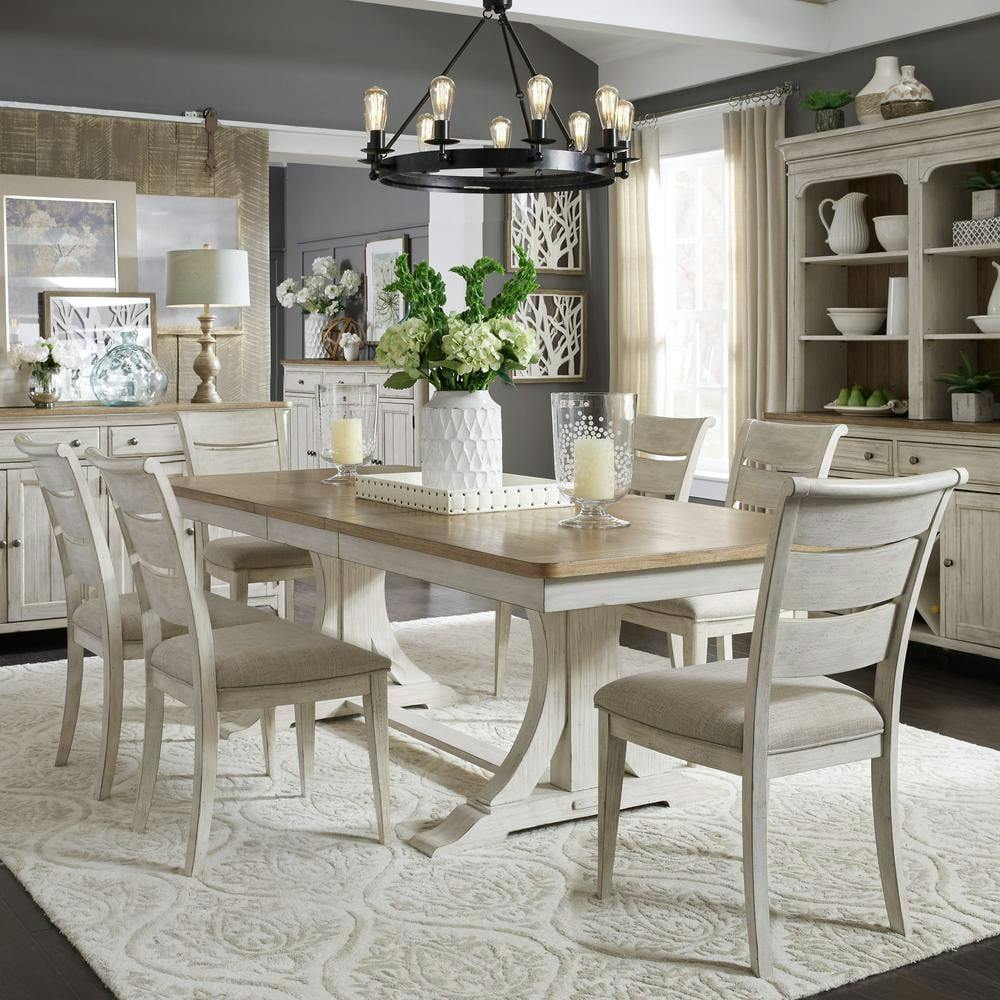 Farmhouse Reimagined 7-Piece Dining Set with Khaki Linen Chairs
