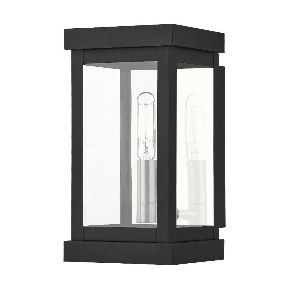Modern Black Lantern Sconce with Clear Glass and Brass Finish