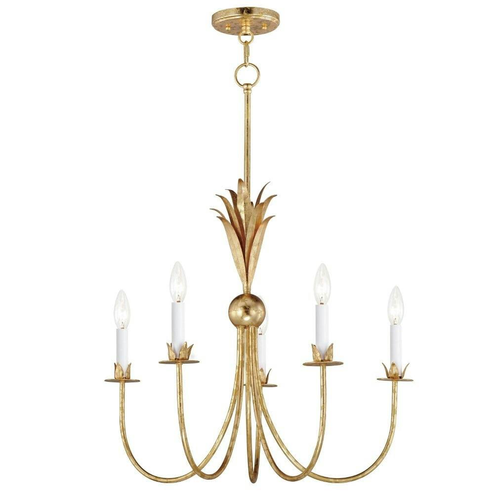 Elegant Gold Leaf 5-Light Chandelier with Off-White Candle Covers