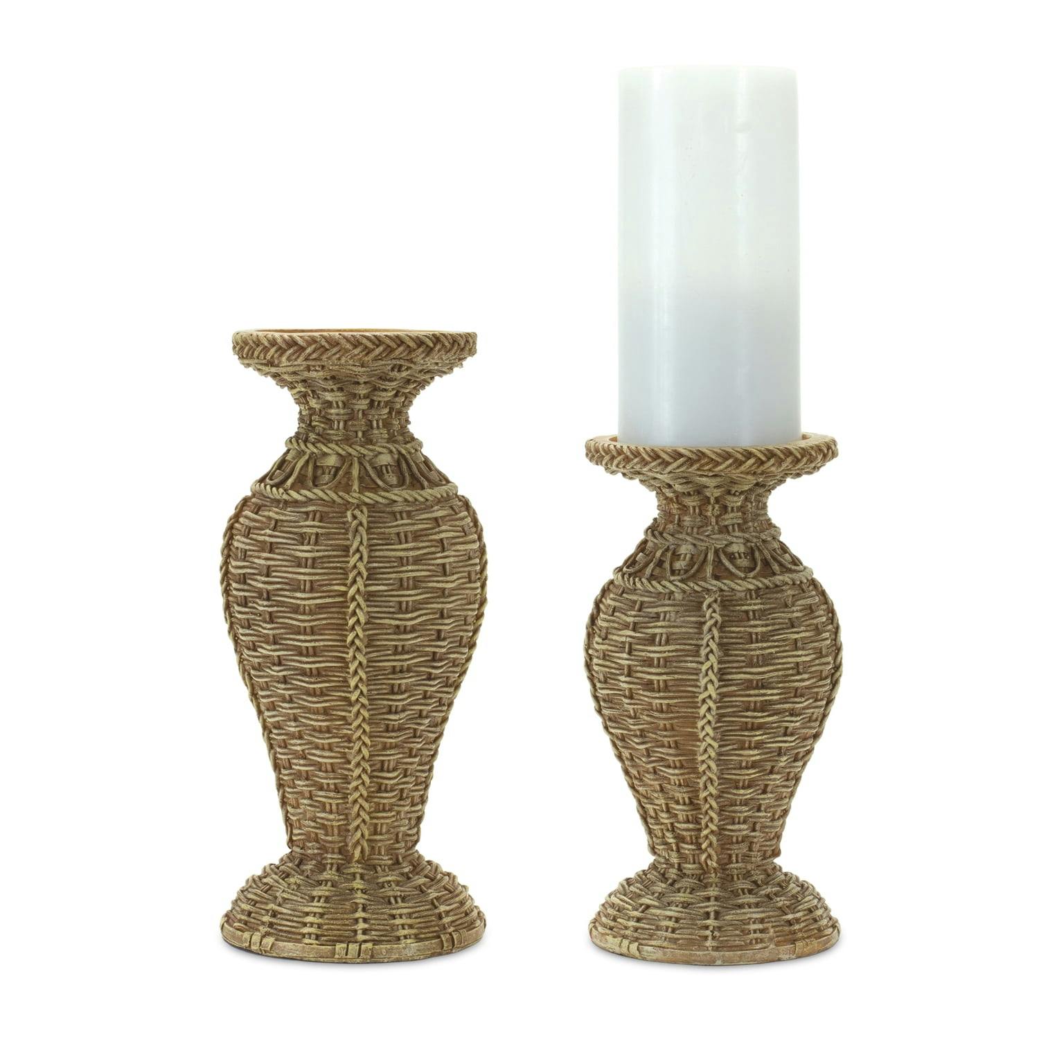 Faux Wicker Resin Candle Holder Set, Brown, 8.25" and 10" Heights