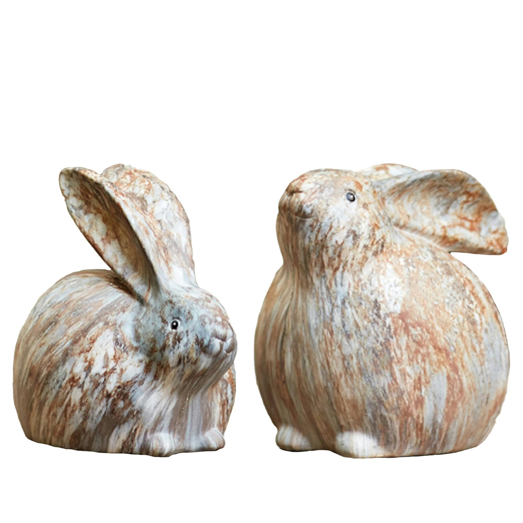 Springtime Serenity Rabbit Figurine Duo in Cool Green & Brown Resin