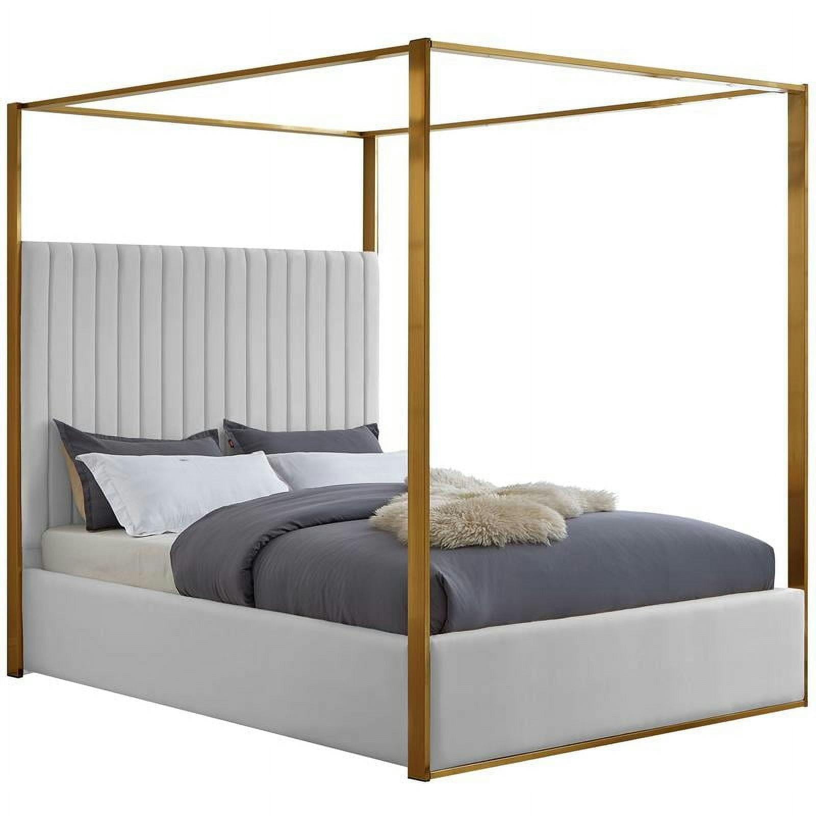 Regal White Faux Leather Queen Canopy Bed with Brass Metal Frame