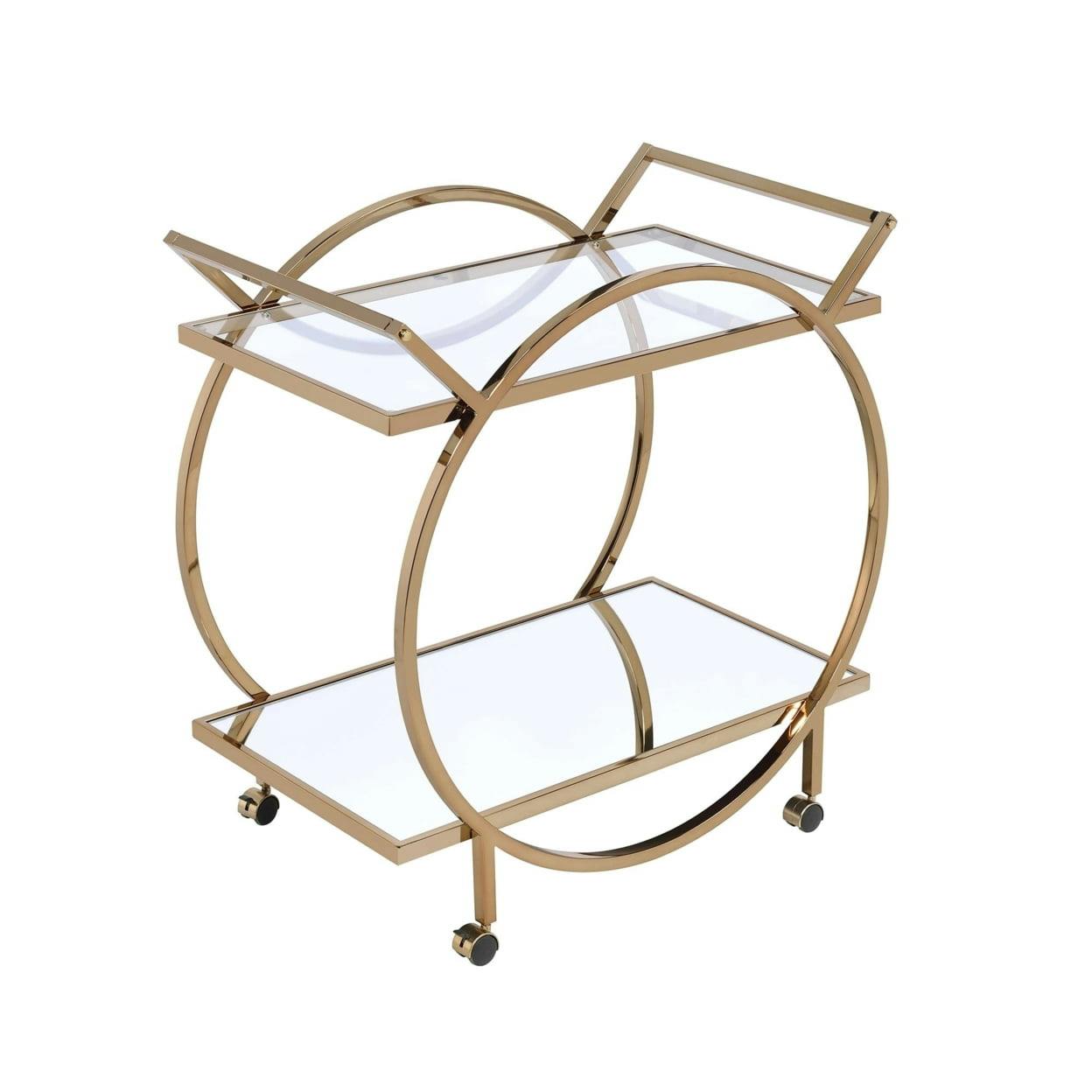Champagne Gold Round Metal Serving Cart with Mirrored Shelf and Wine Rack