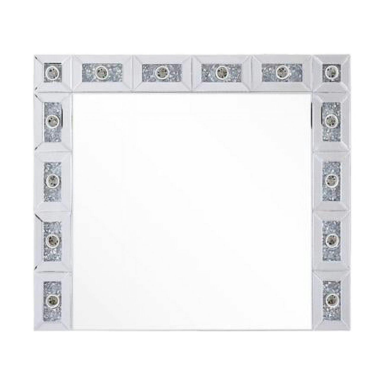 Elegant Rectangular Silver Wall Mirror with Faux Diamonds and LED Lights - 32x28 in