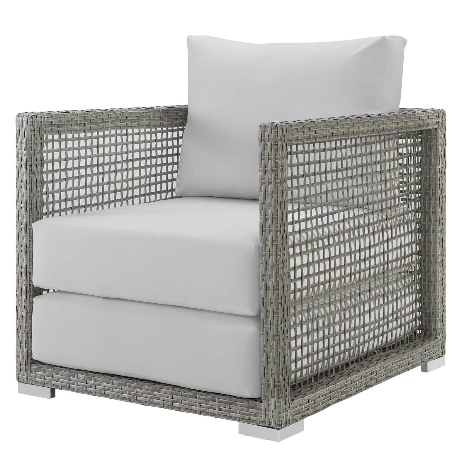Aura 32" Gray and White Rattan Outdoor Patio Armchair with Cushions