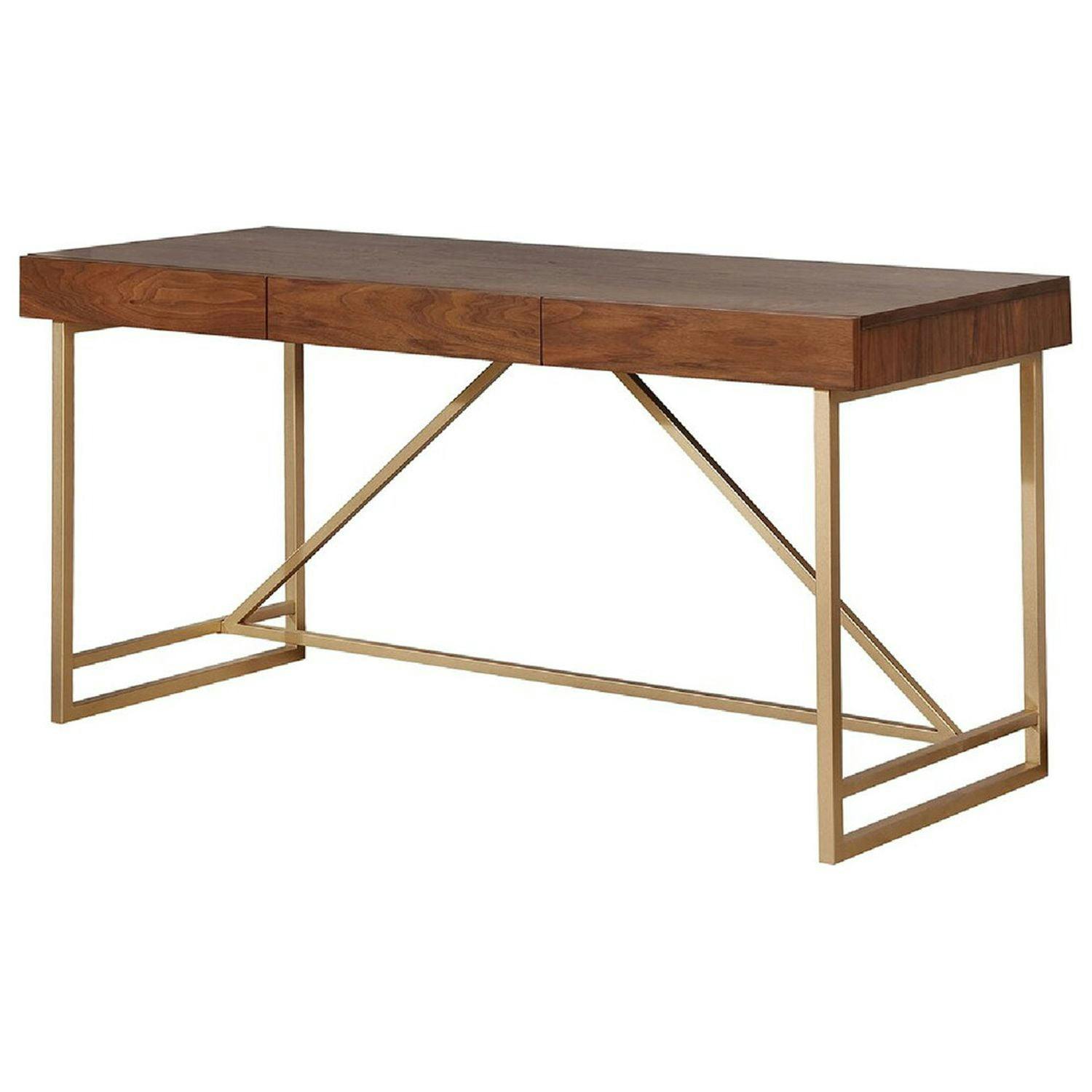 Walnut Brown Wooden Writing Desk with Gold Metal Legs and Drawers
