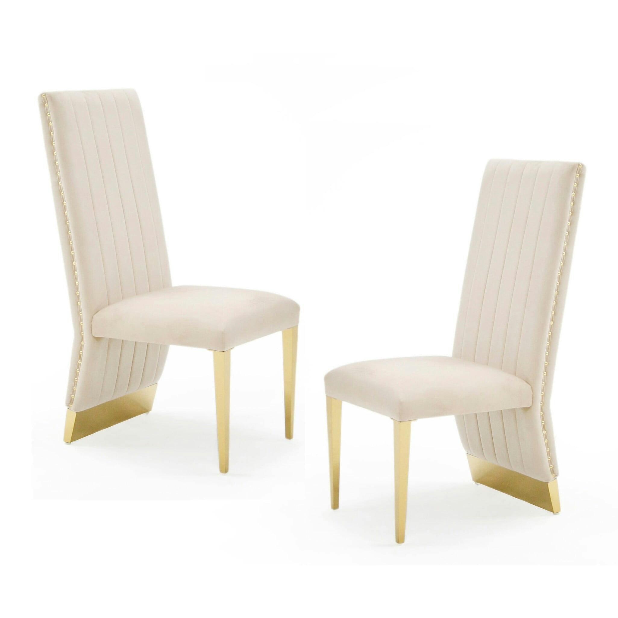 Luxurious Beige Velvet & Gold Metal Dining Chair with Studded Detail