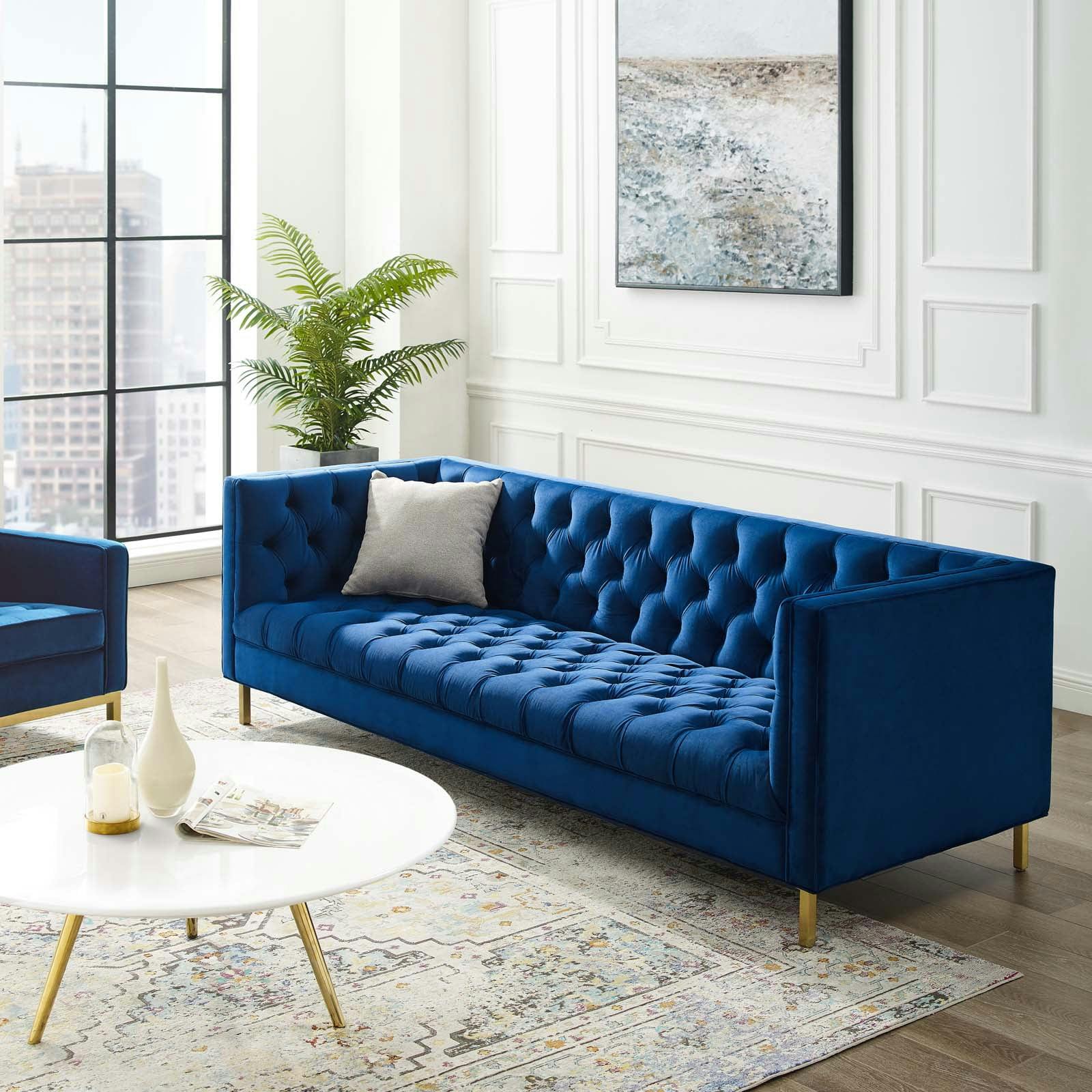 Delight Navy Velvet Tufted Button Luxe Sofa with Gold Legs
