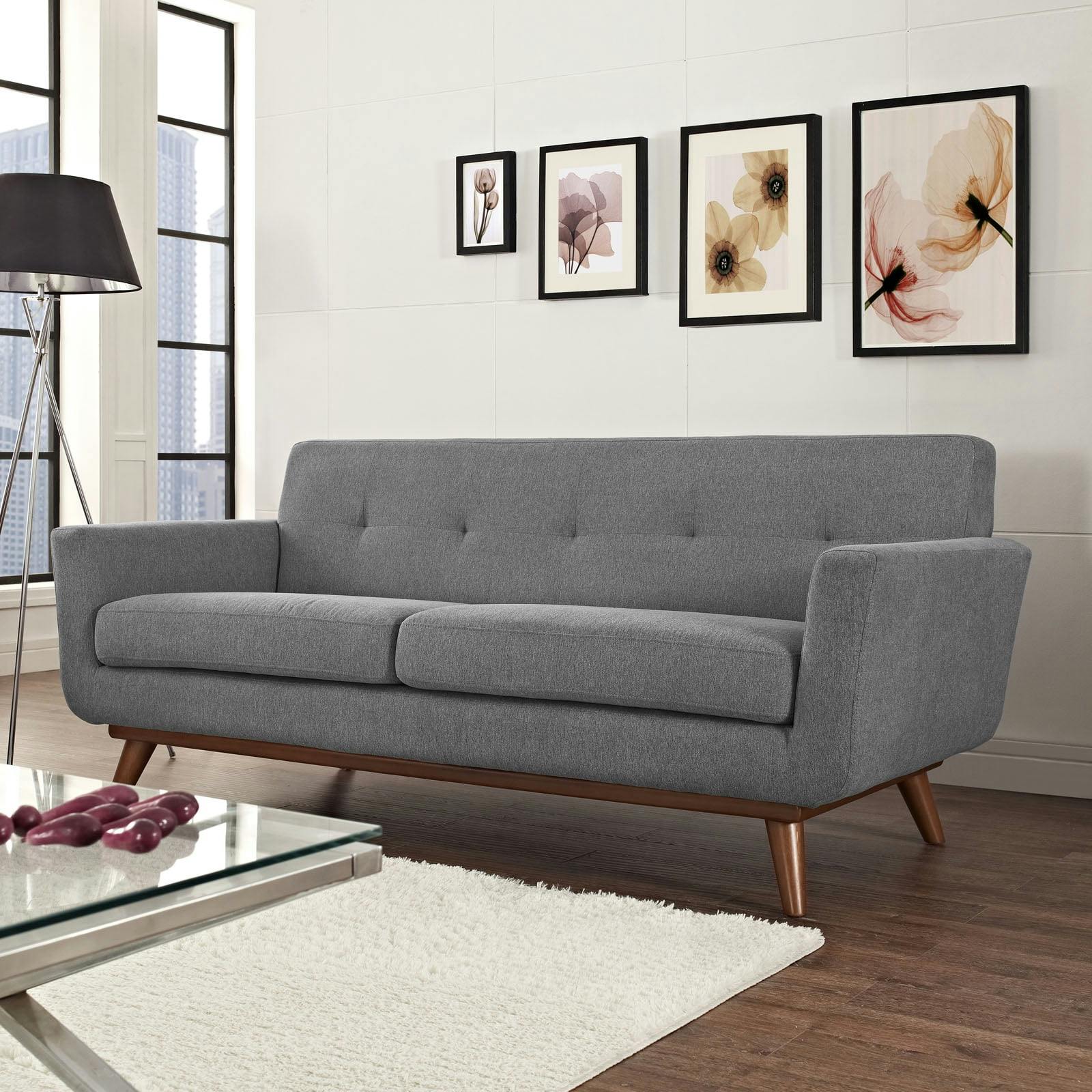 Expectation Gray Tufted Fabric Loveseat with Solid Wood Legs