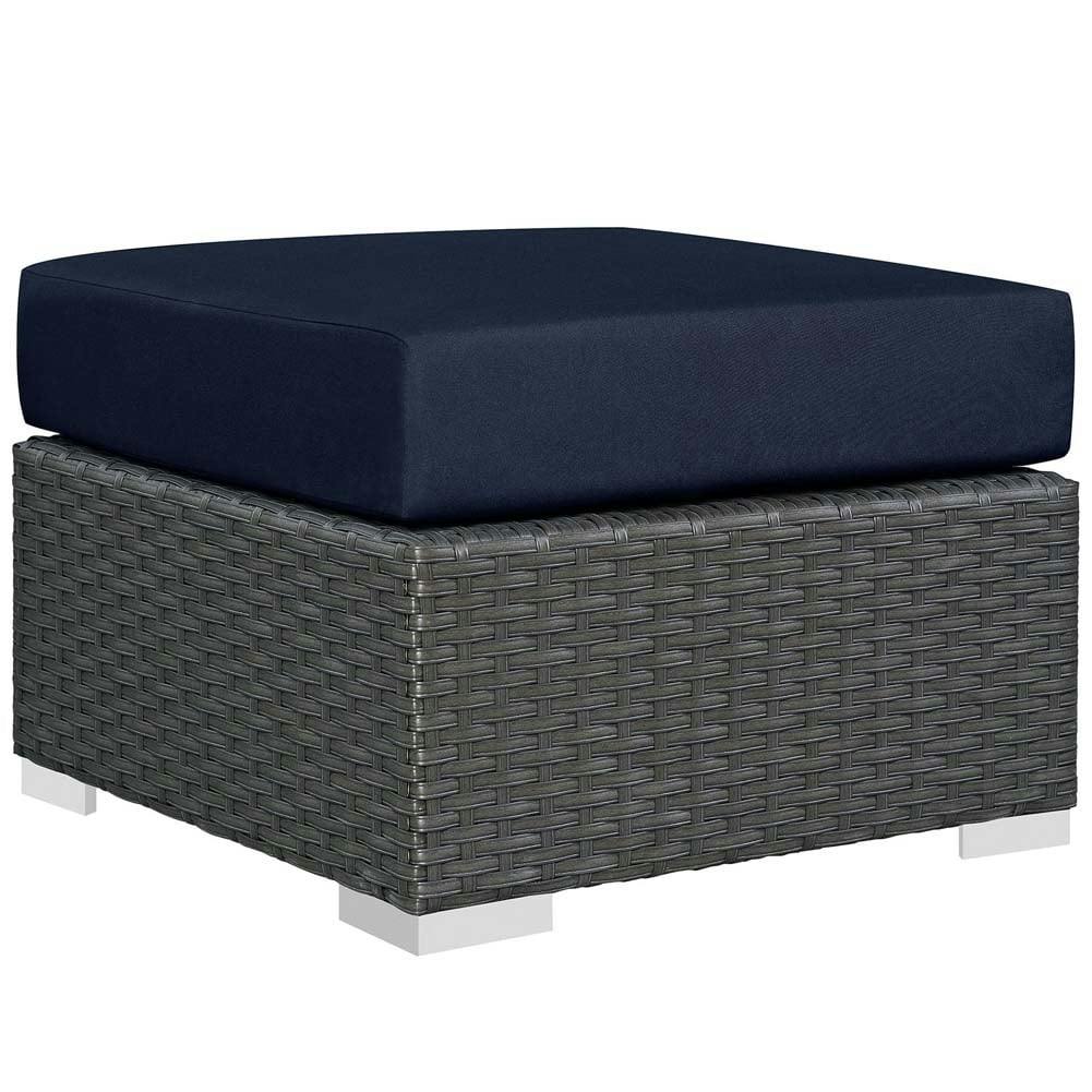 Navy Square Sunbrella Fabric Outdoor Ottoman with Synthetic Rattan