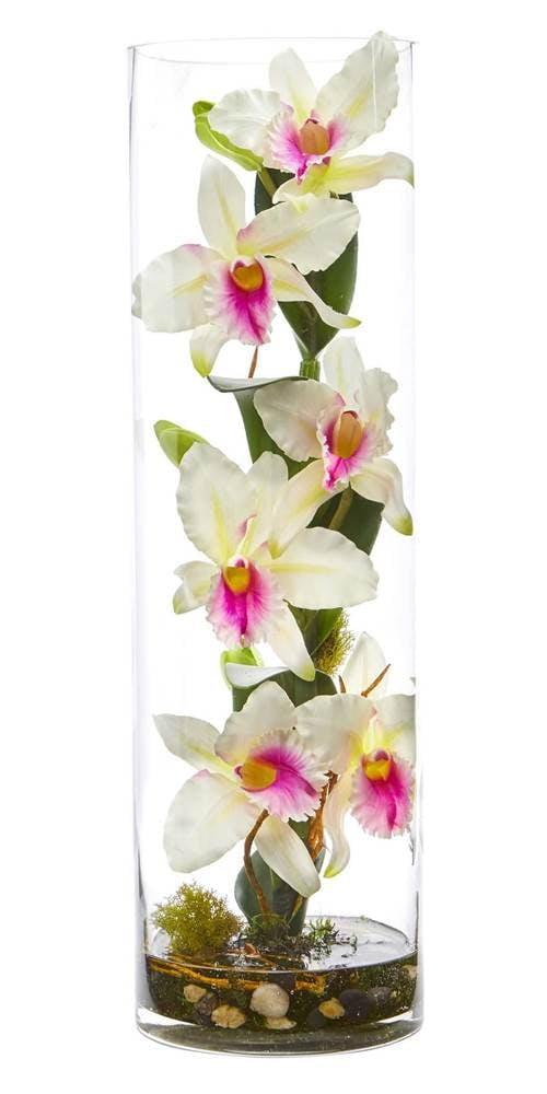 Elegant White Cattleya Orchid 23" Artificial Arrangement in Glass Cylinder
