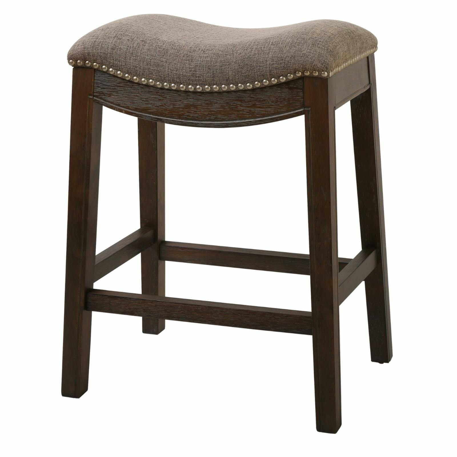 25" Saddle Style Wood Counter Stool in Cobble Gray with Nailhead Accents