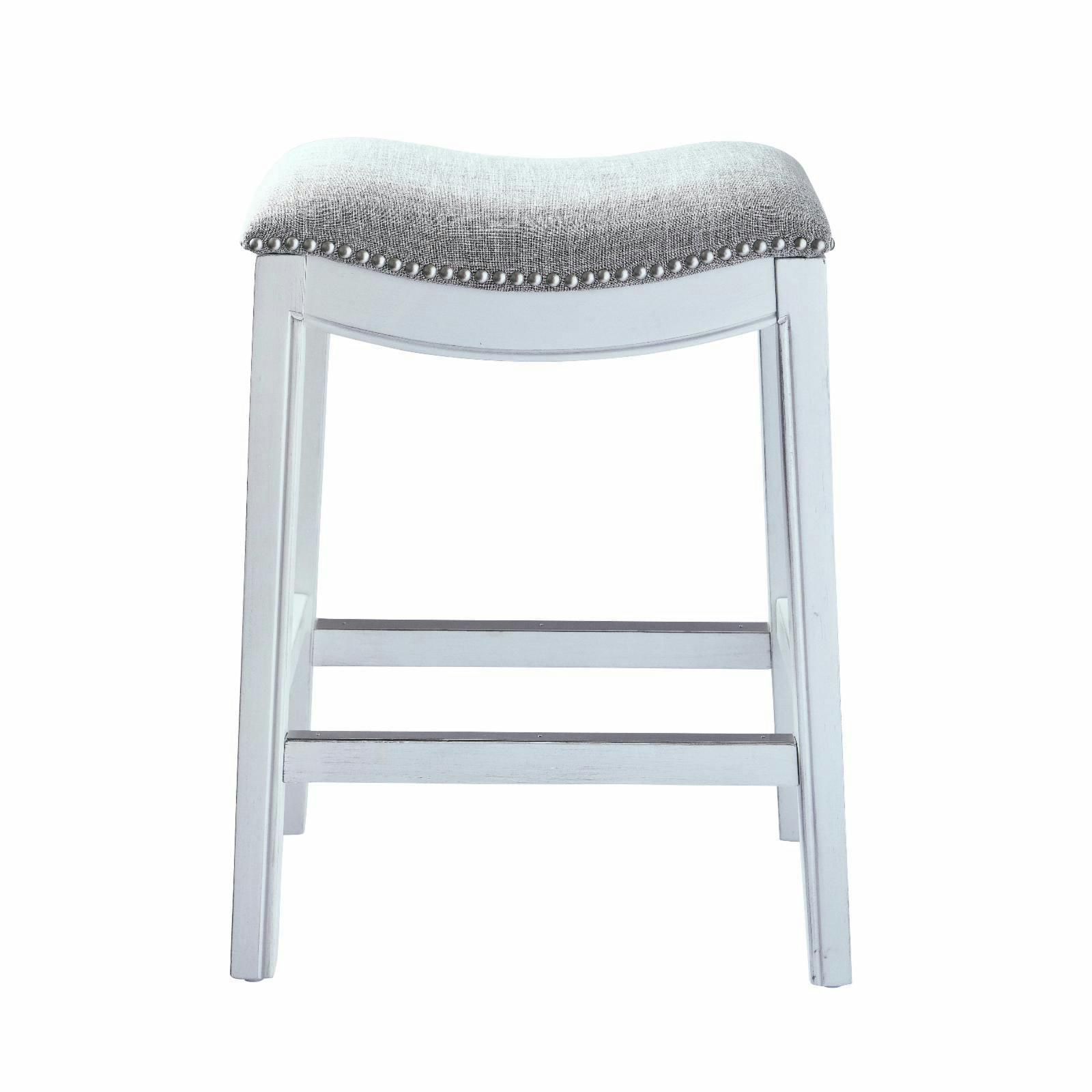 Zoey 31" White Wood Backless Saddle Barstool with Linen Seat