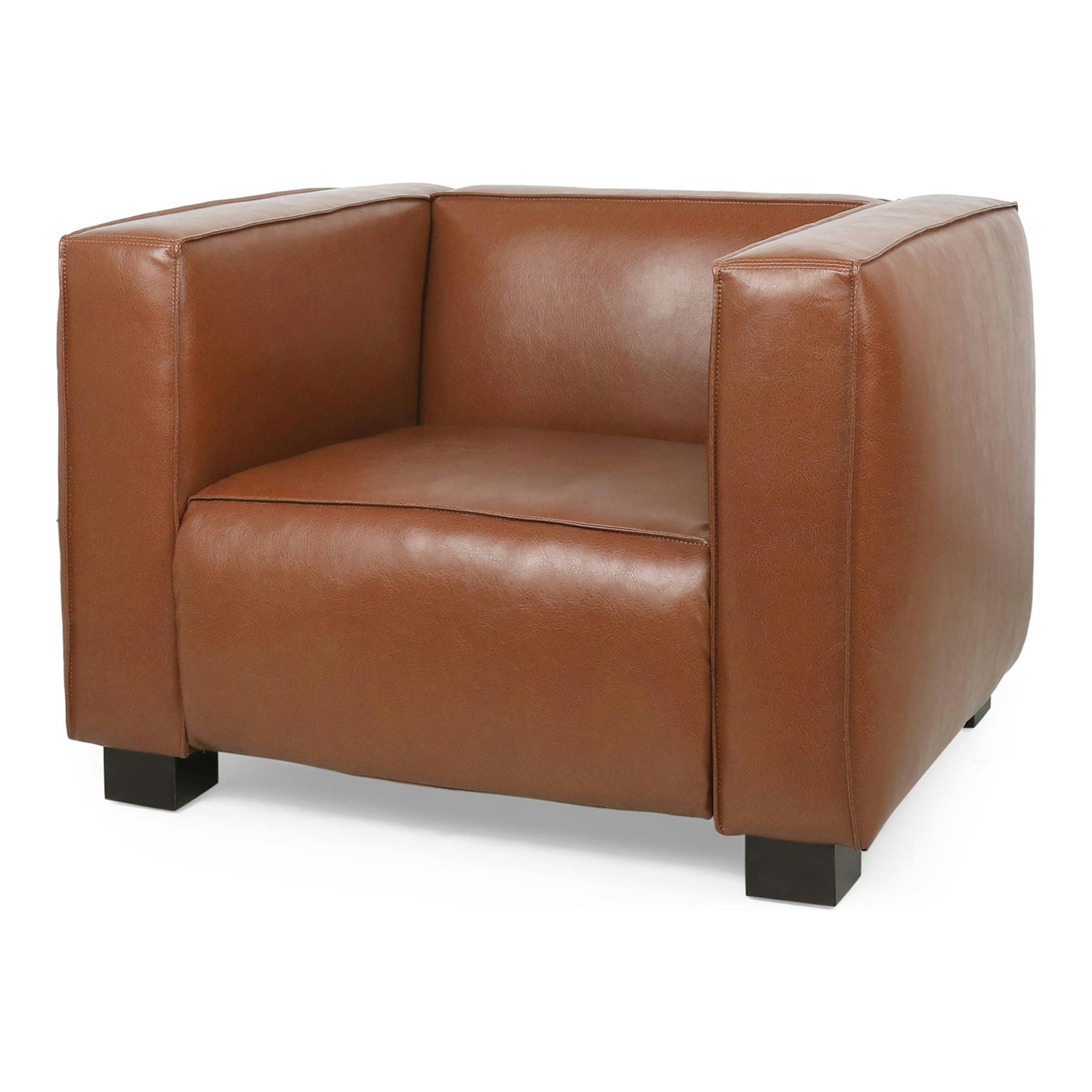 Cognac Brown Square Arm Faux Leather Club Chair with Dark Walnut Wood Legs