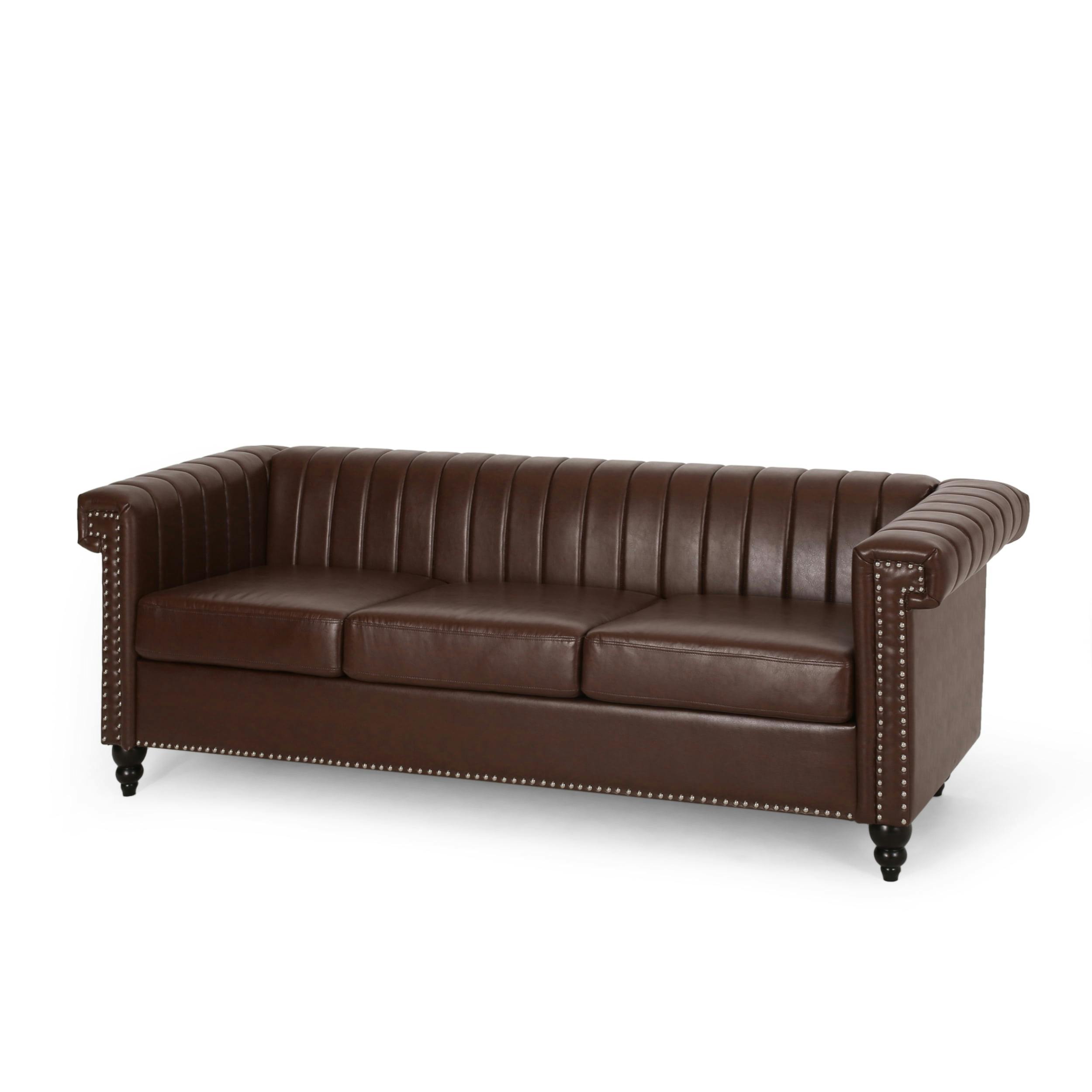 Elegant Dark Brown Faux Leather Chesterfield Sofa with Nailhead Trim