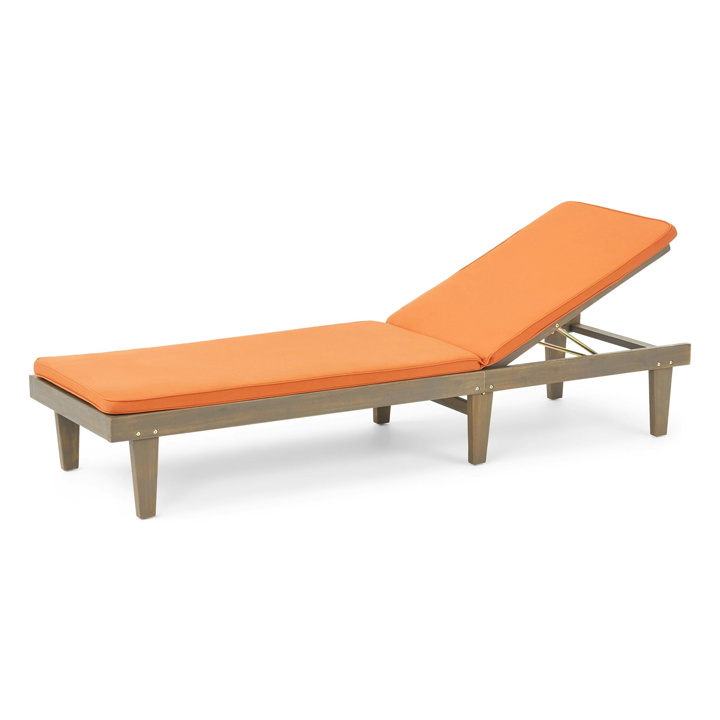 Sleek Gray Acacia Wood Chaise Lounge with Rust Orange Cushion