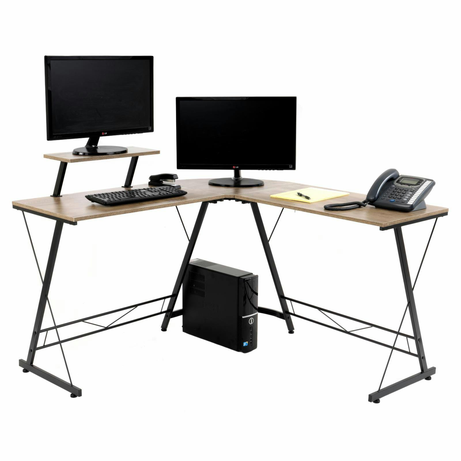 Sewn Oak Laminate and Black Steel L-Shape Home Office Desk