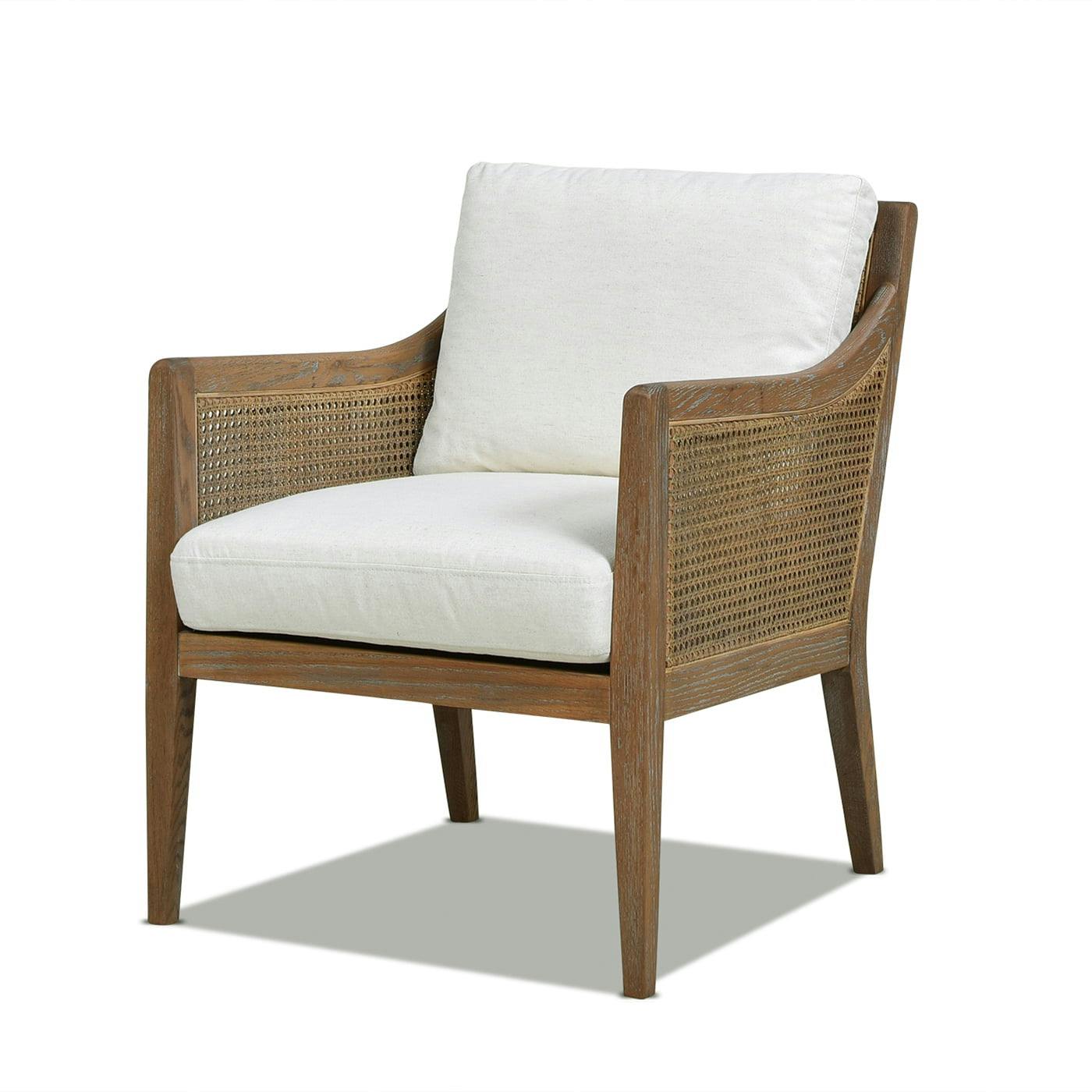 Natural White Linen and Oak Wood Handcrafted Accent Chair