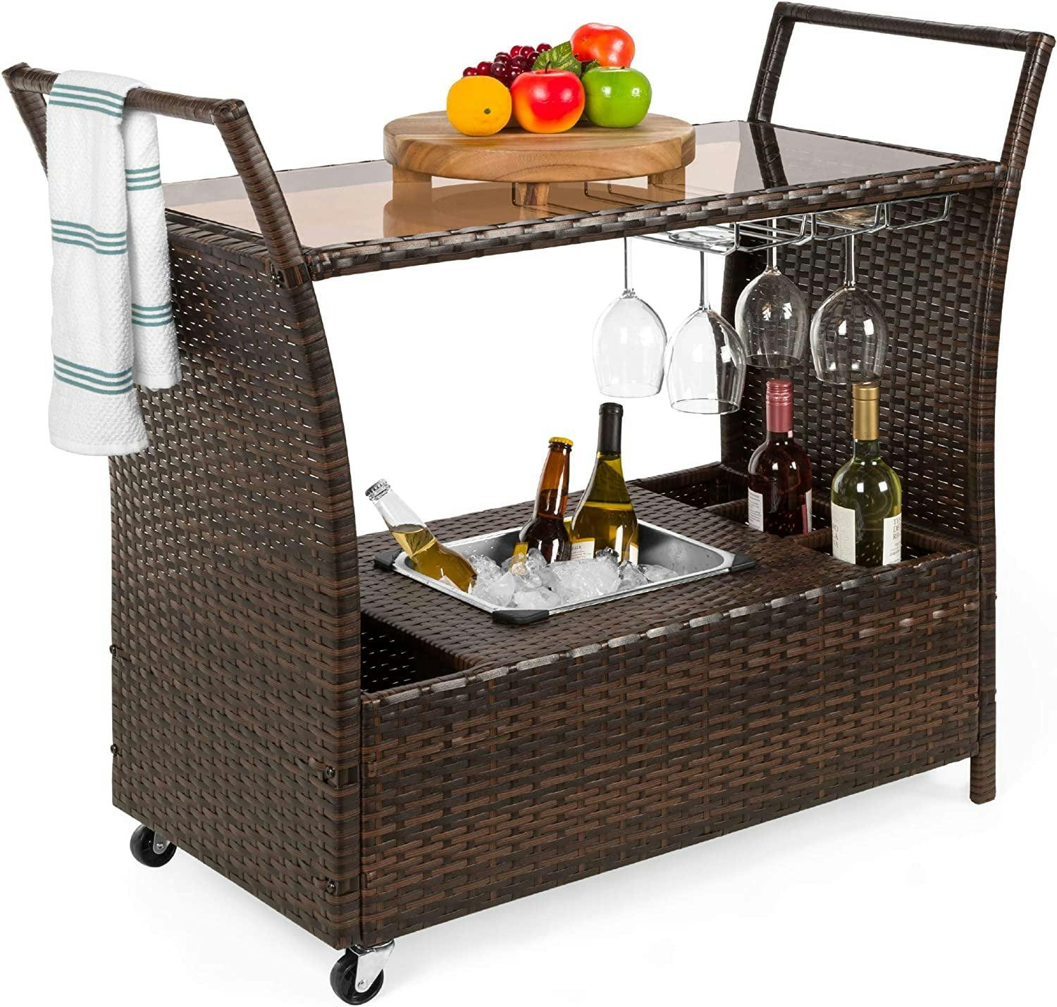 Elegant Outdoor Wicker Bar Cart with Tempered Glass Top and Ice Bucket - Brown