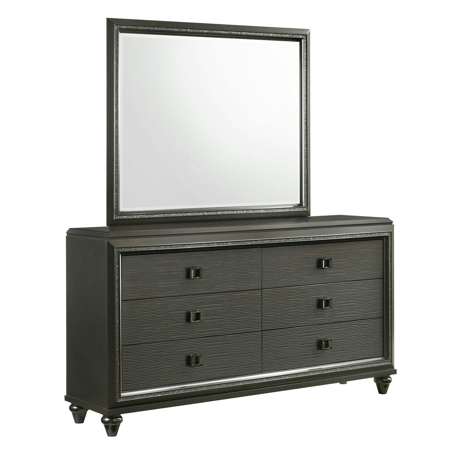 Transitional Moonstone Double Dresser with Felt-Lined Drawers and Mirror in Black