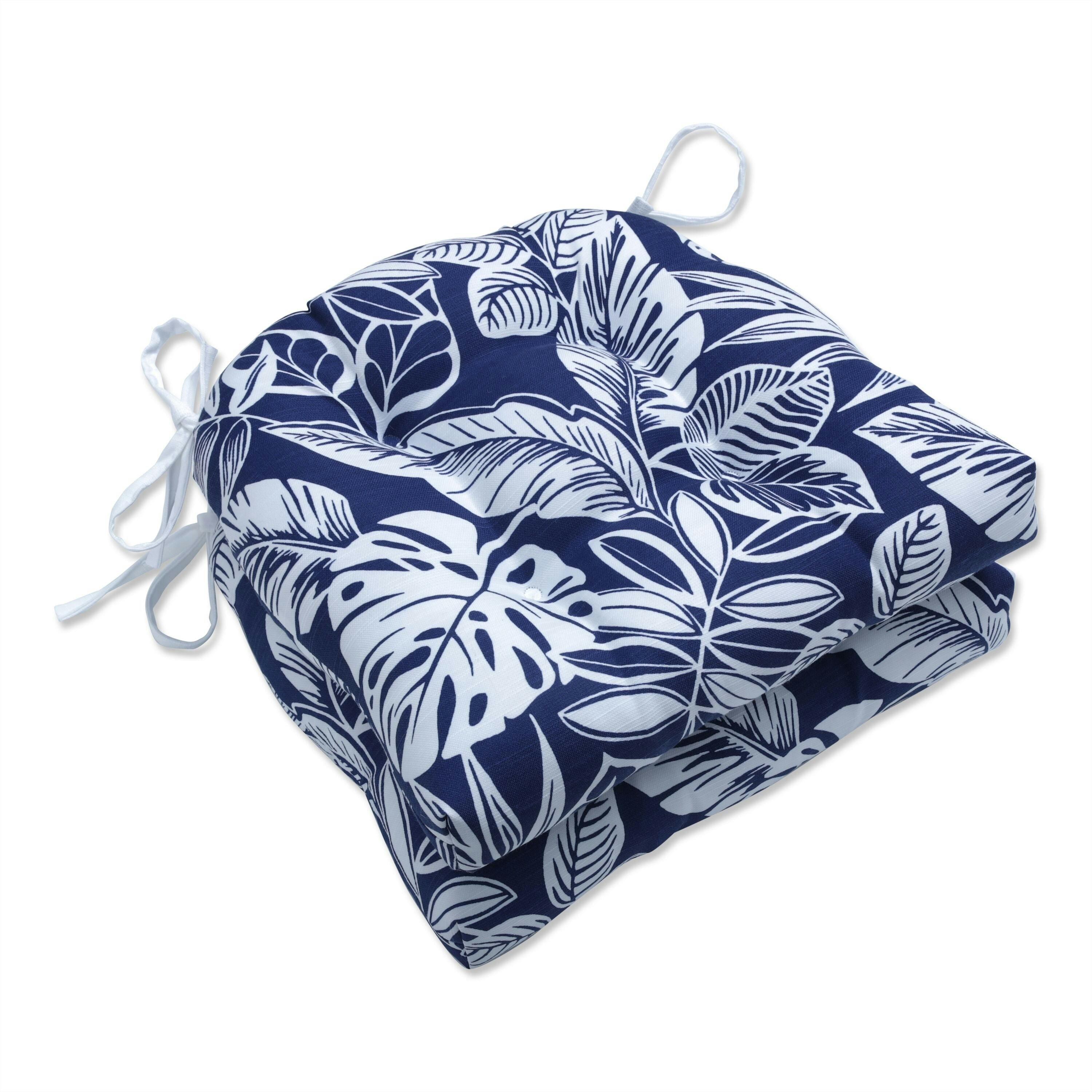 Delray Navy Blue Outdoor Tufted Chairpad Set with White Leaf Pattern