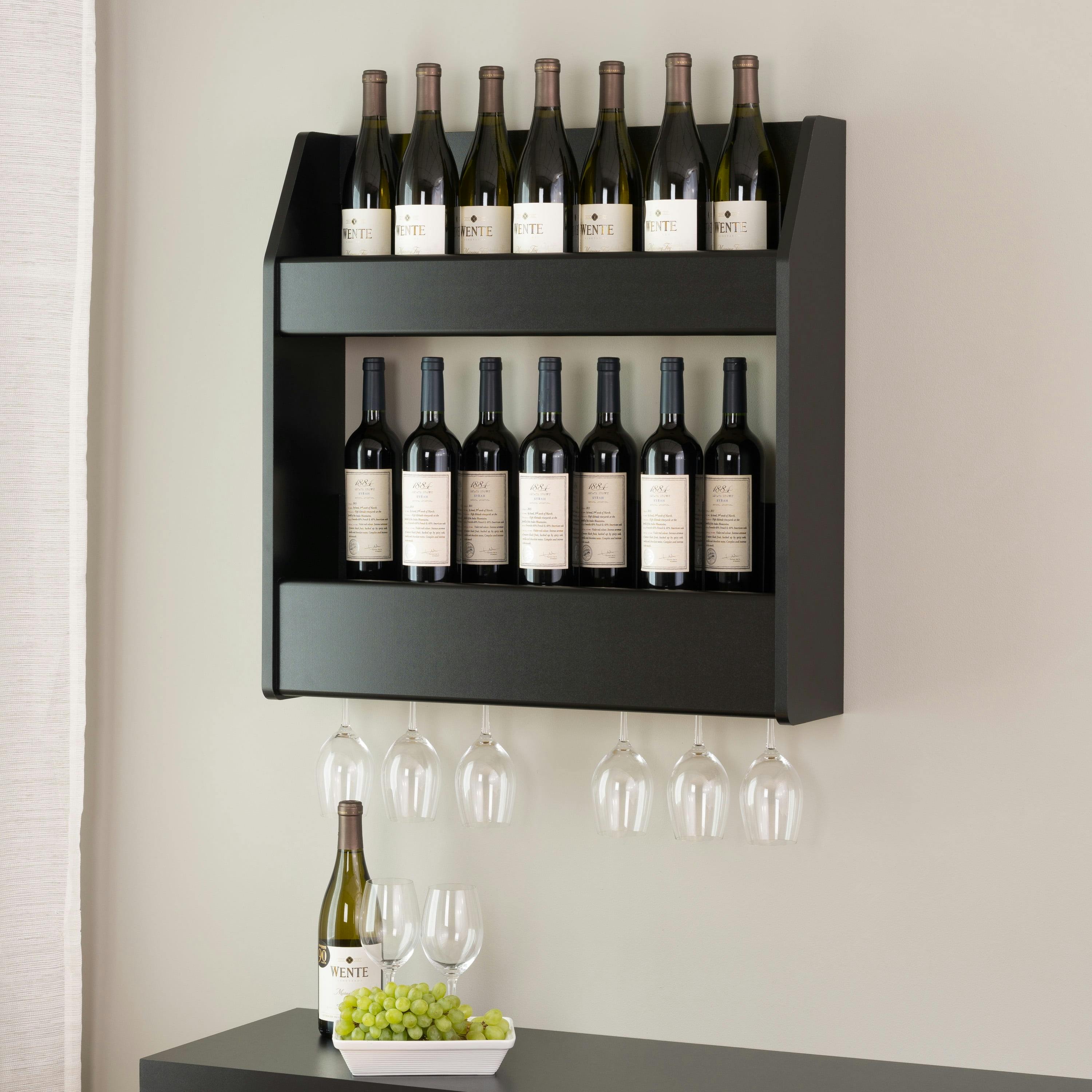 Compact Black Wall-Mounted Wine and Liquor Rack with Glass Storage