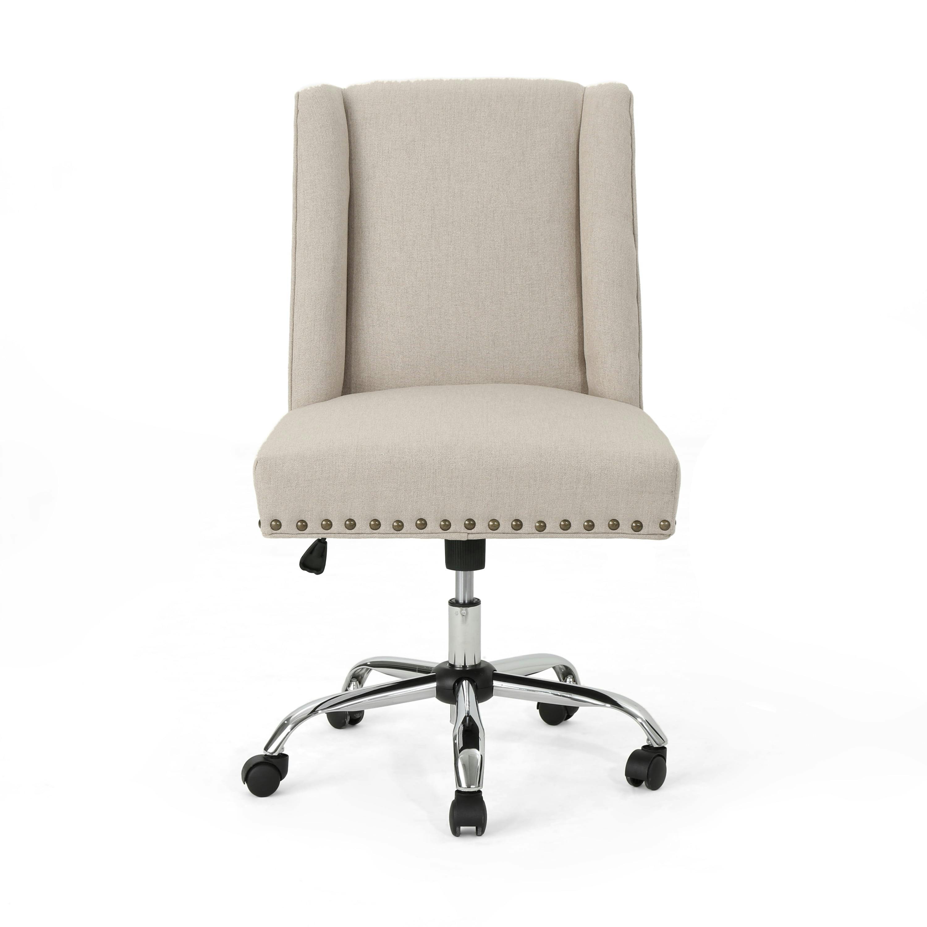 Contemporary Wheat Fabric Swivel Office Chair with Chrome Finish and Nailhead Trim