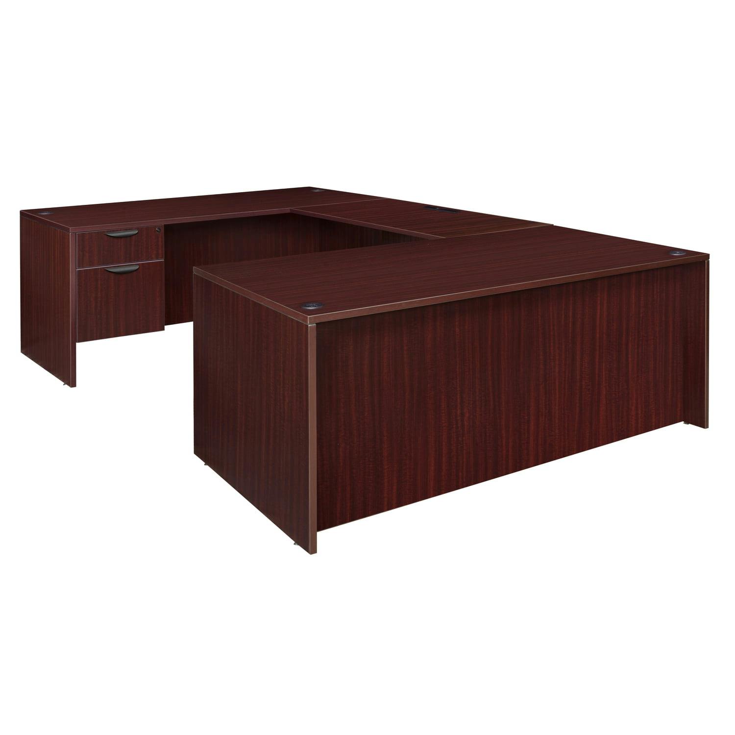 Executive Mahogany U-Shaped Desk with Drawer and Filing Cabinet