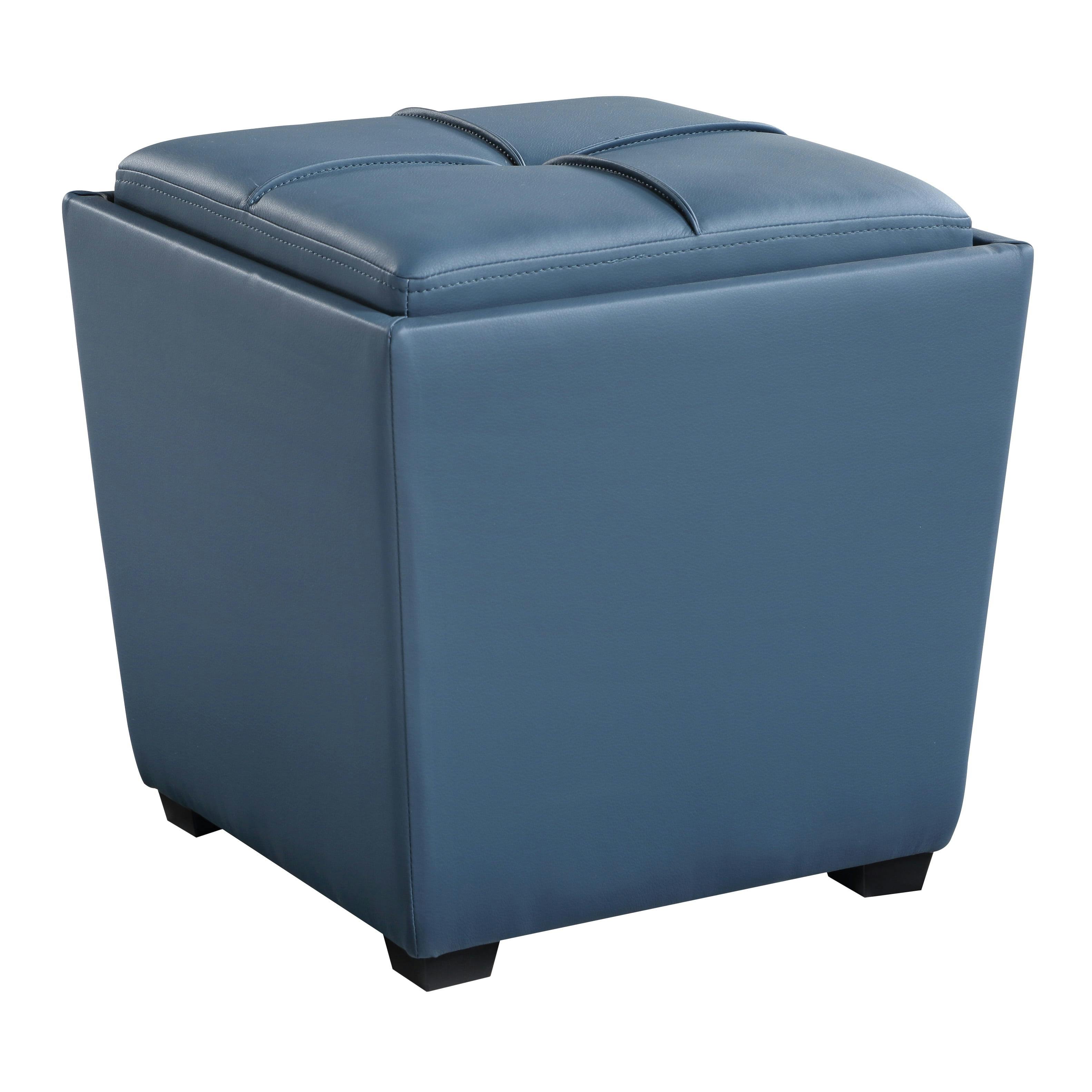 Slate Blue Tufted Faux Leather Storage Ottoman with Tray