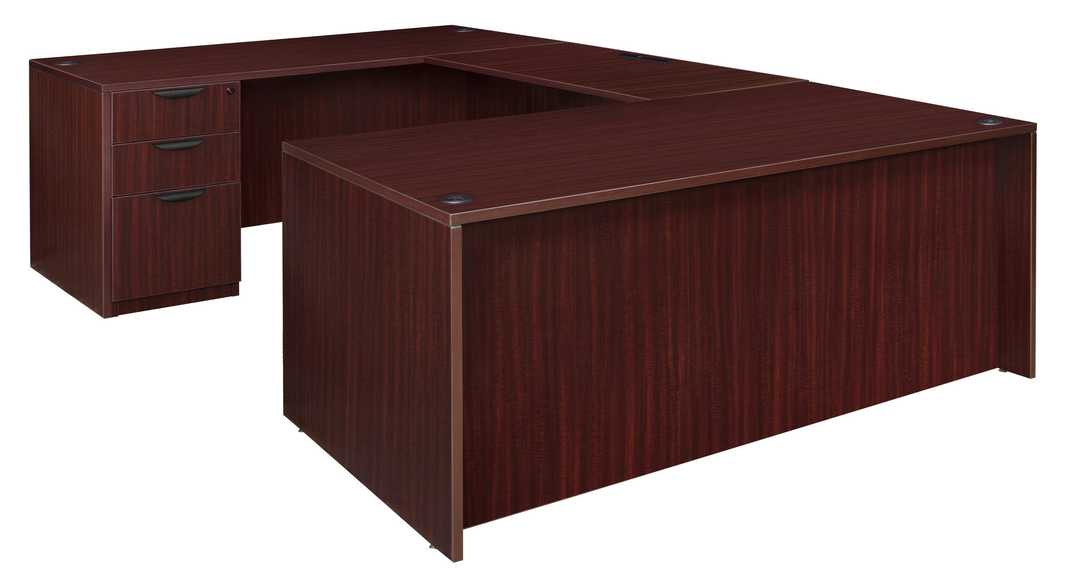 Executive Mahogany U-Shaped Desk with Drawer and Filing Cabinet