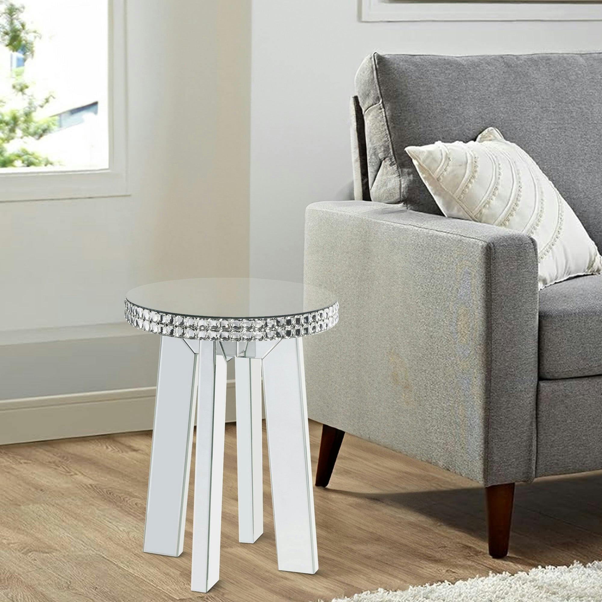 Elegant Round Mirrored End Table with Faux Crystal Accents