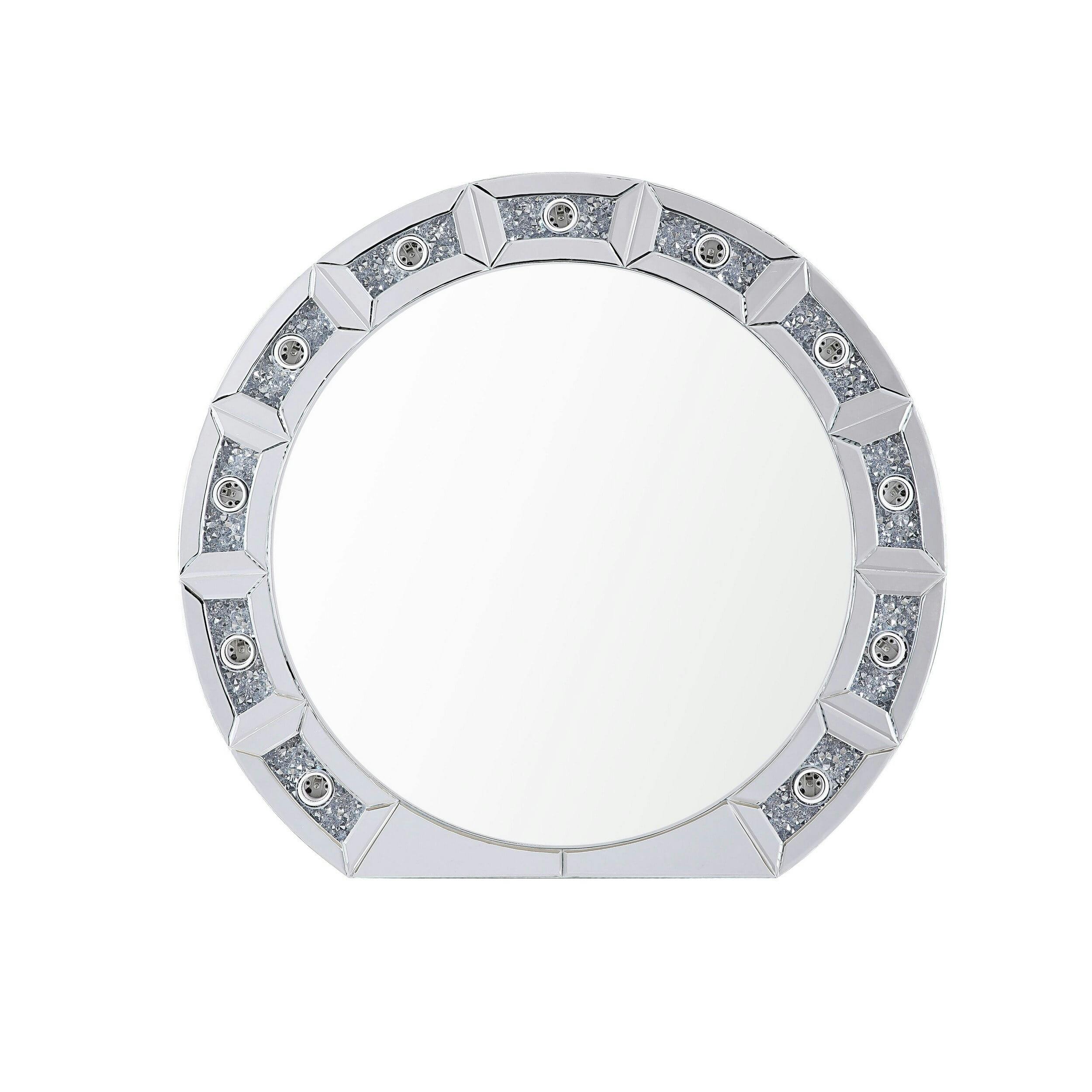 Elegant Rectangular Wood Mirror with Silver Faux Diamond Inlay and LED Lights
