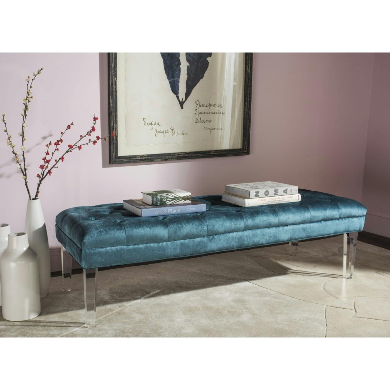 Abrosia Cyan Transitional 63'' Tufted Bedroom Bench with Acrylic Legs