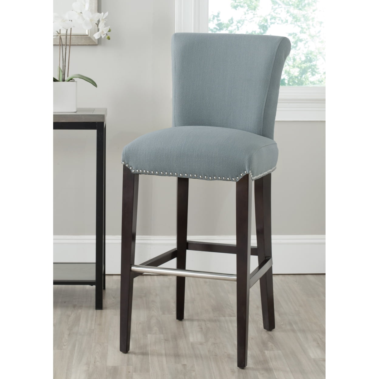 Transitional Sky Blue Leather & Wood Bar Stool with Metal Accents
