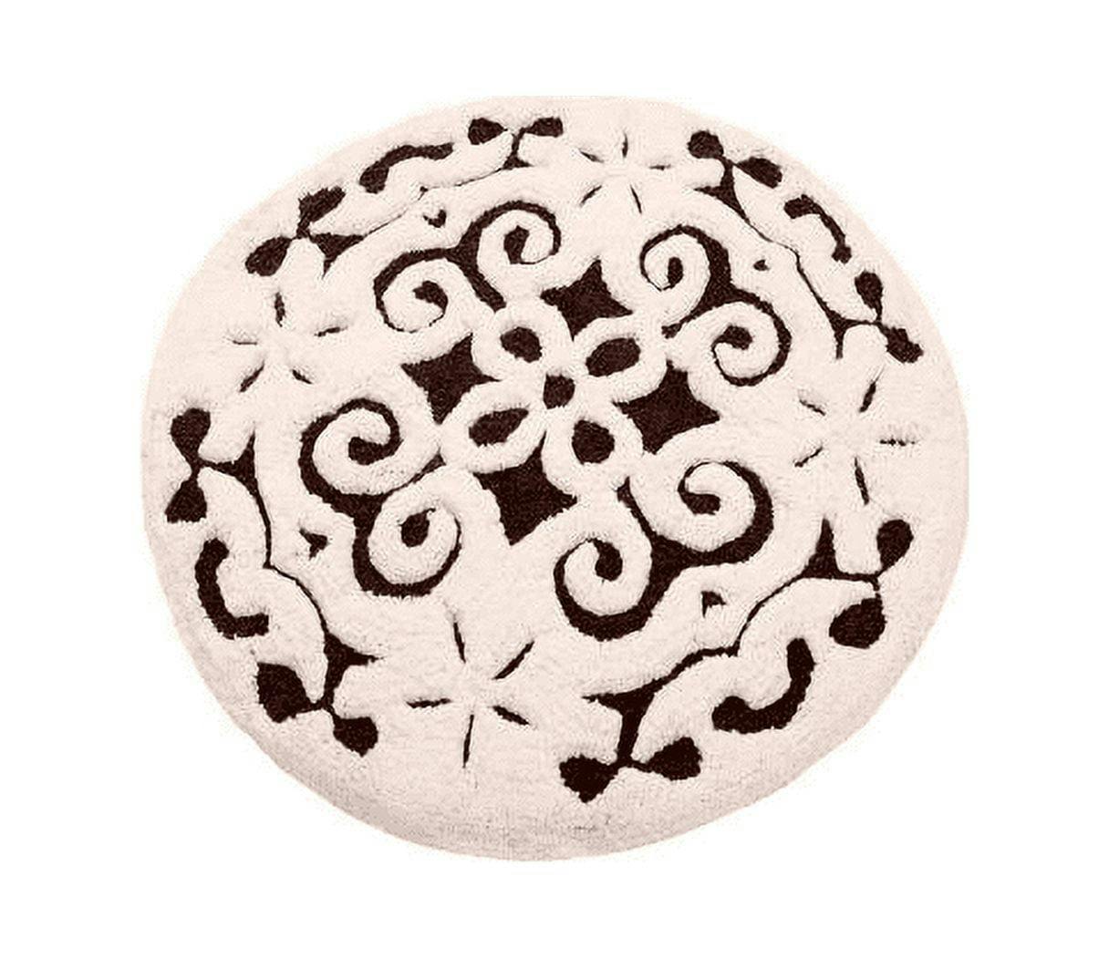 Luxurious Chocolate and Ivory Cotton 36" Round Bath Rug with Damask Pattern