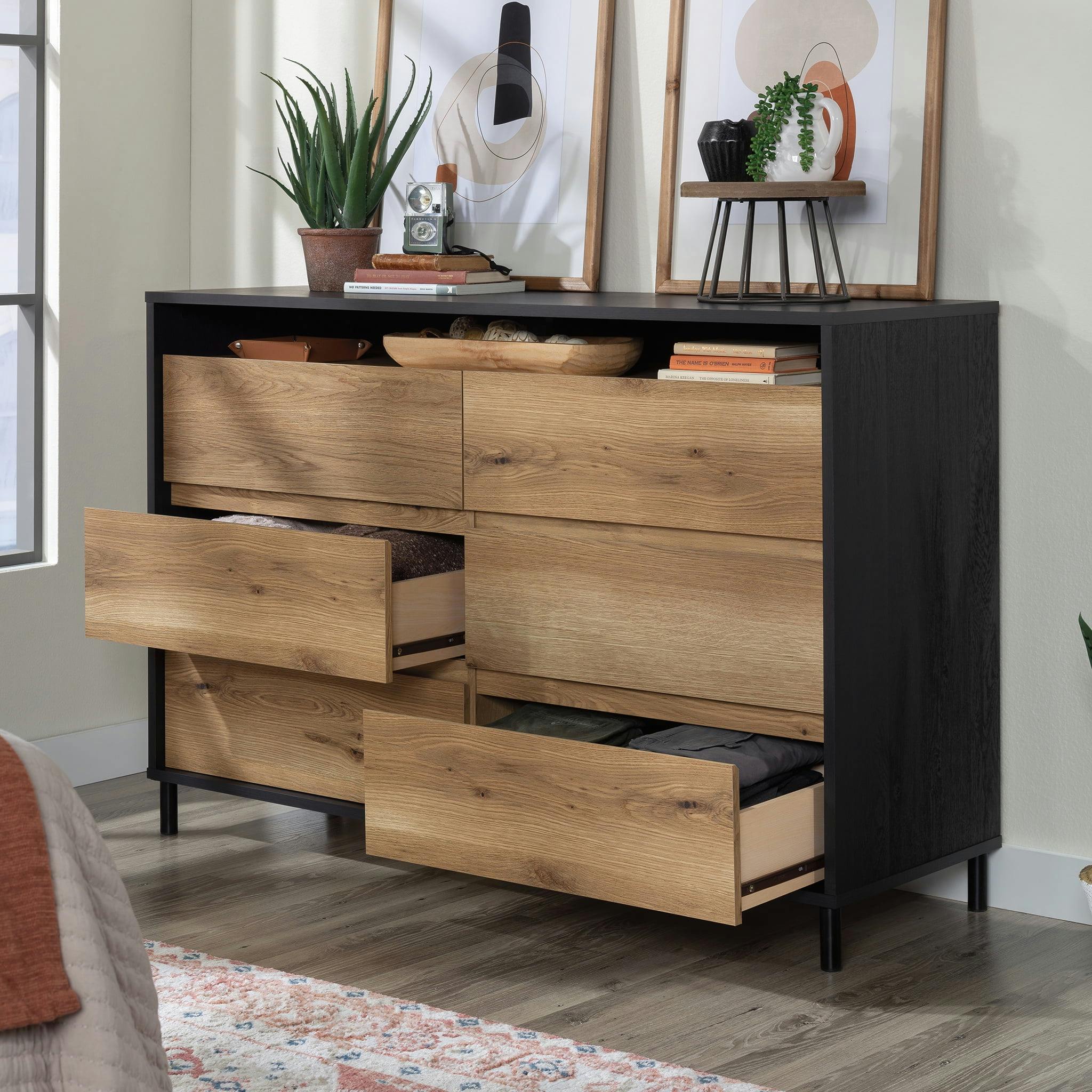 Raven Oak and Timber 6-Drawer Modern Dresser with Metal Accents
