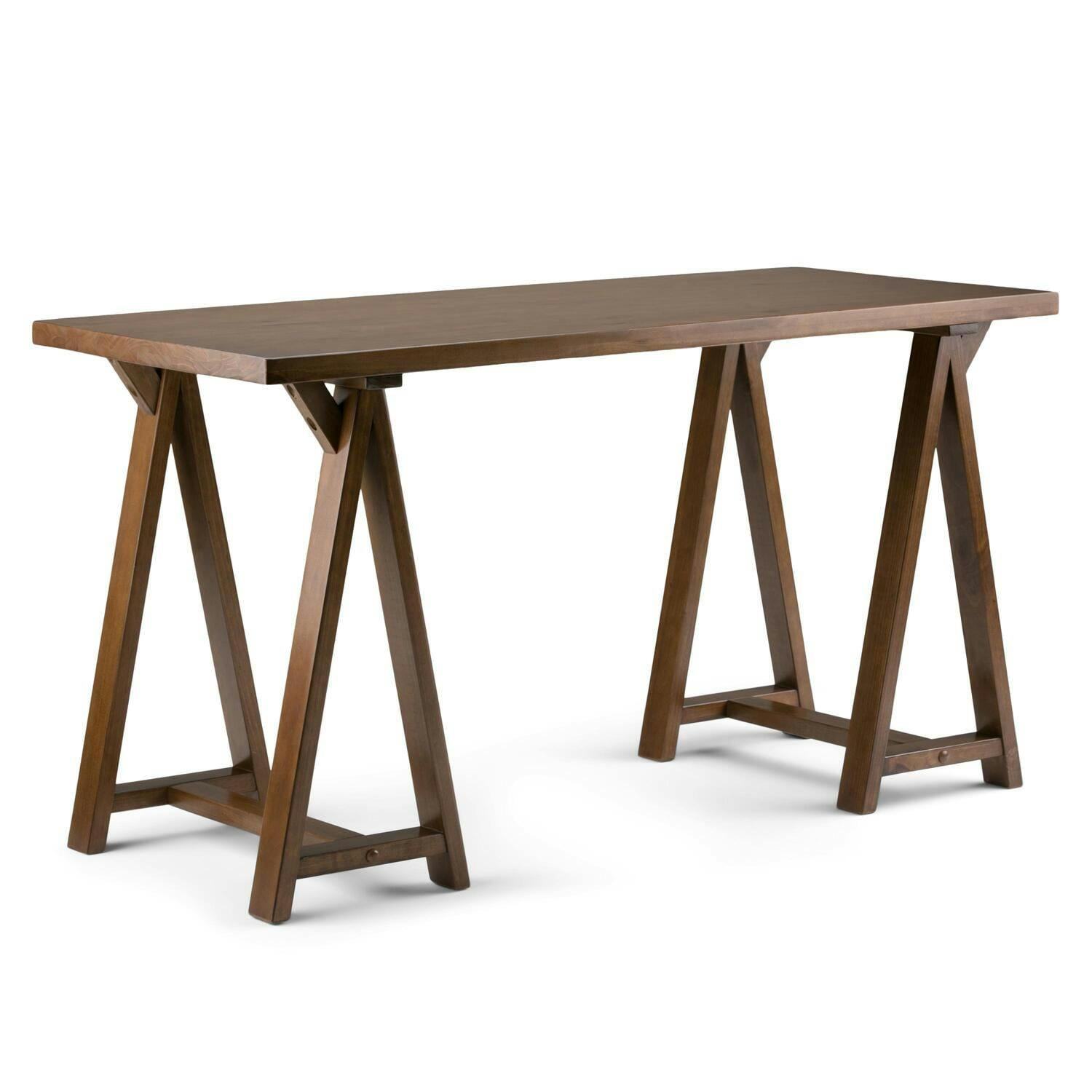 Sawhorse Solid Wood 56" Wide Industrial Writing Desk in Medium Saddle Brown