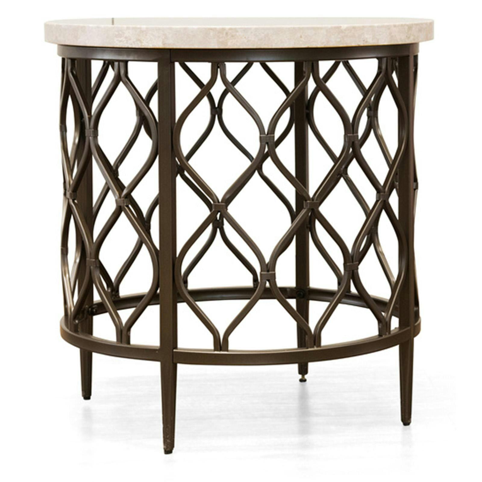 24" Transitional Round Stone Top End Table with Bronze Metal Base