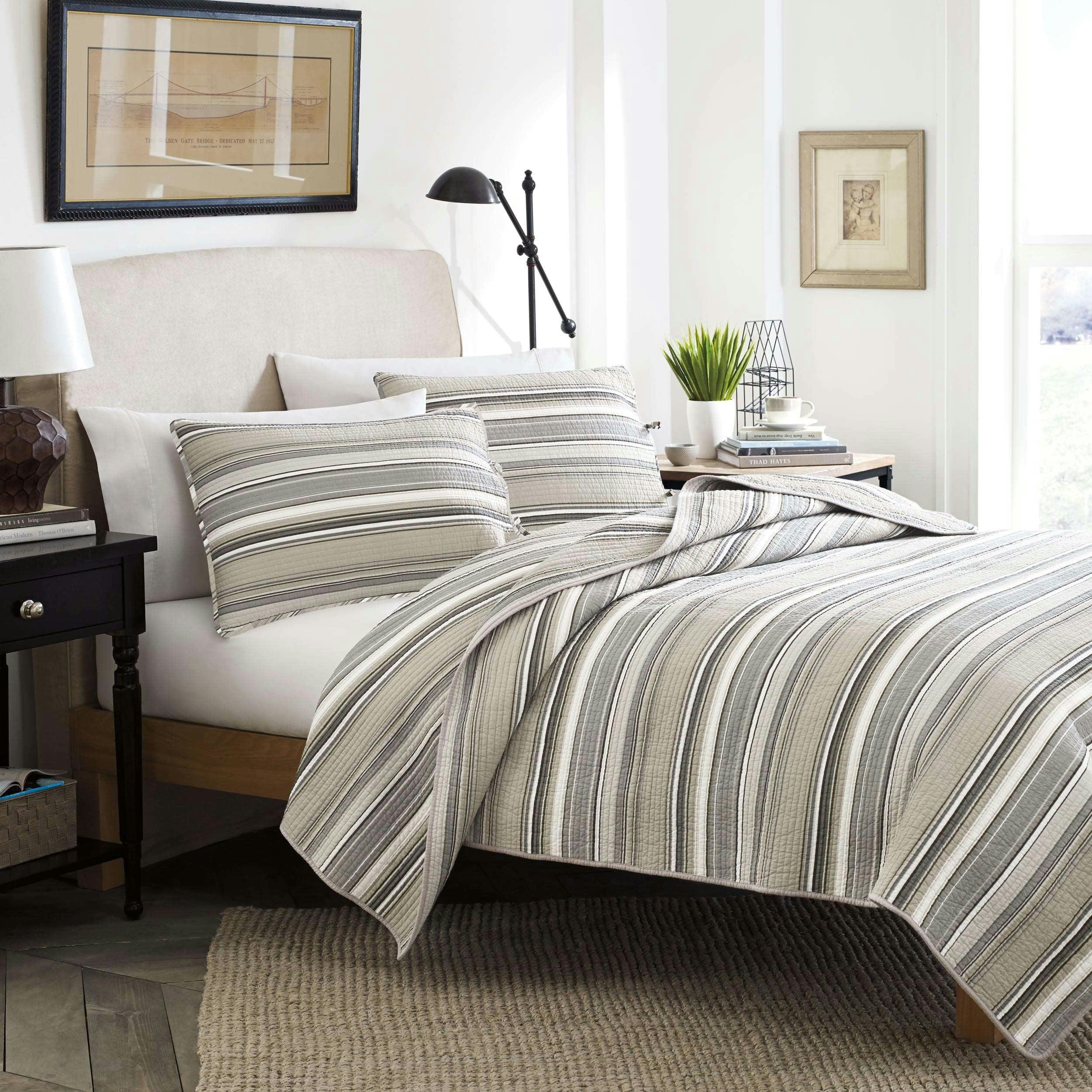 Tranquil Stripe Reversible Cotton Twin Quilt Set in Neutral