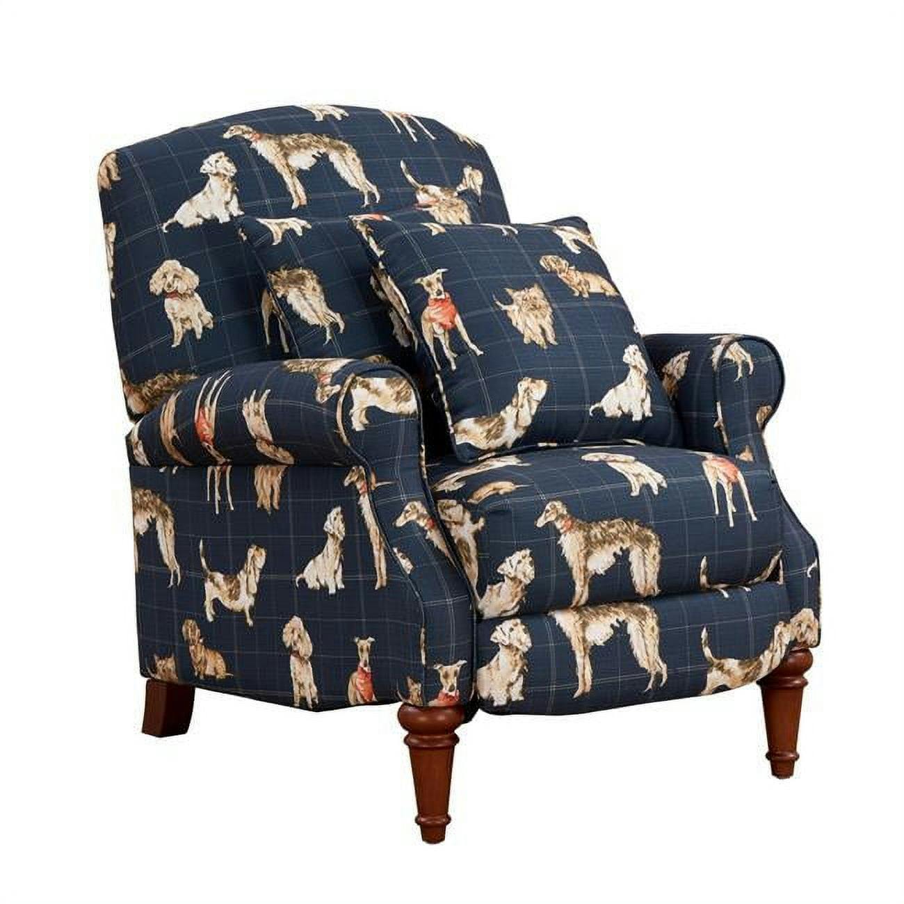 Cherry Wood Classic Recliner in Blue with Adorable Dog Motif and Matching Pillows