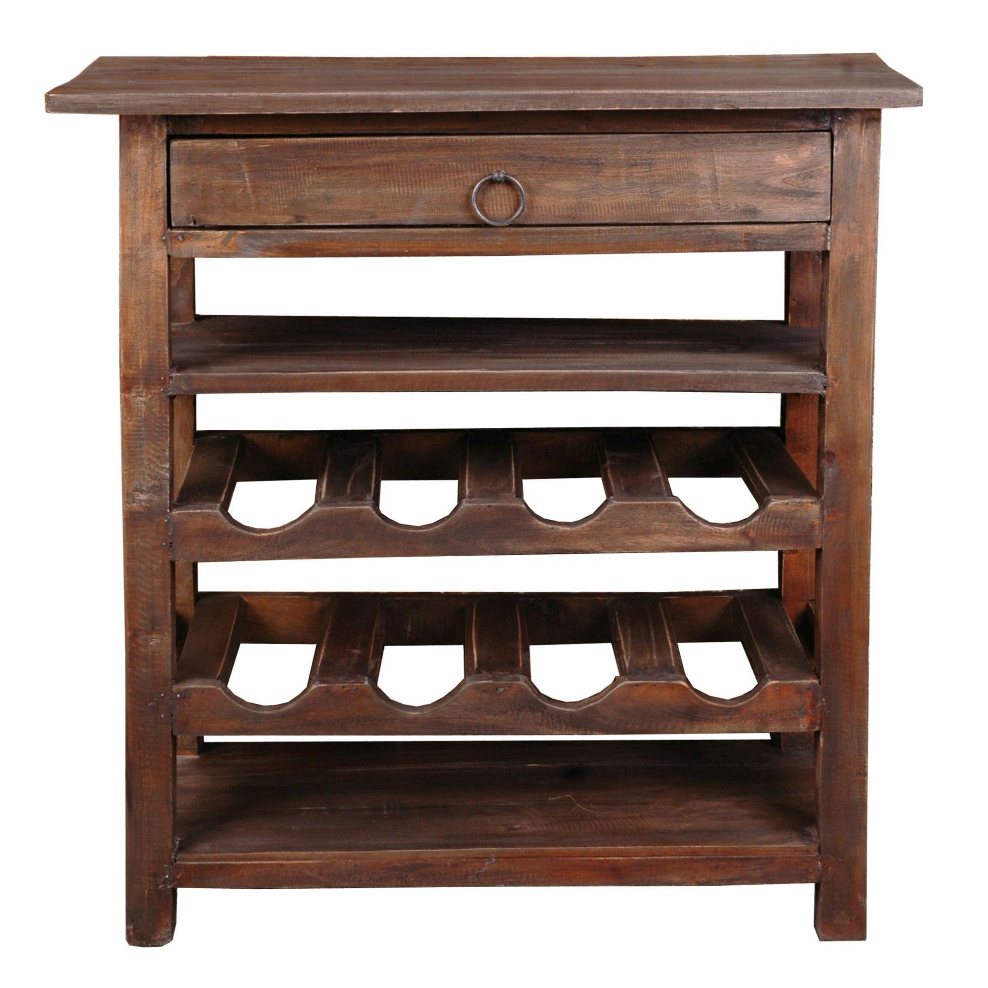 Cottage Charm Rustic Wood Wine Server with Drawer and Rack
