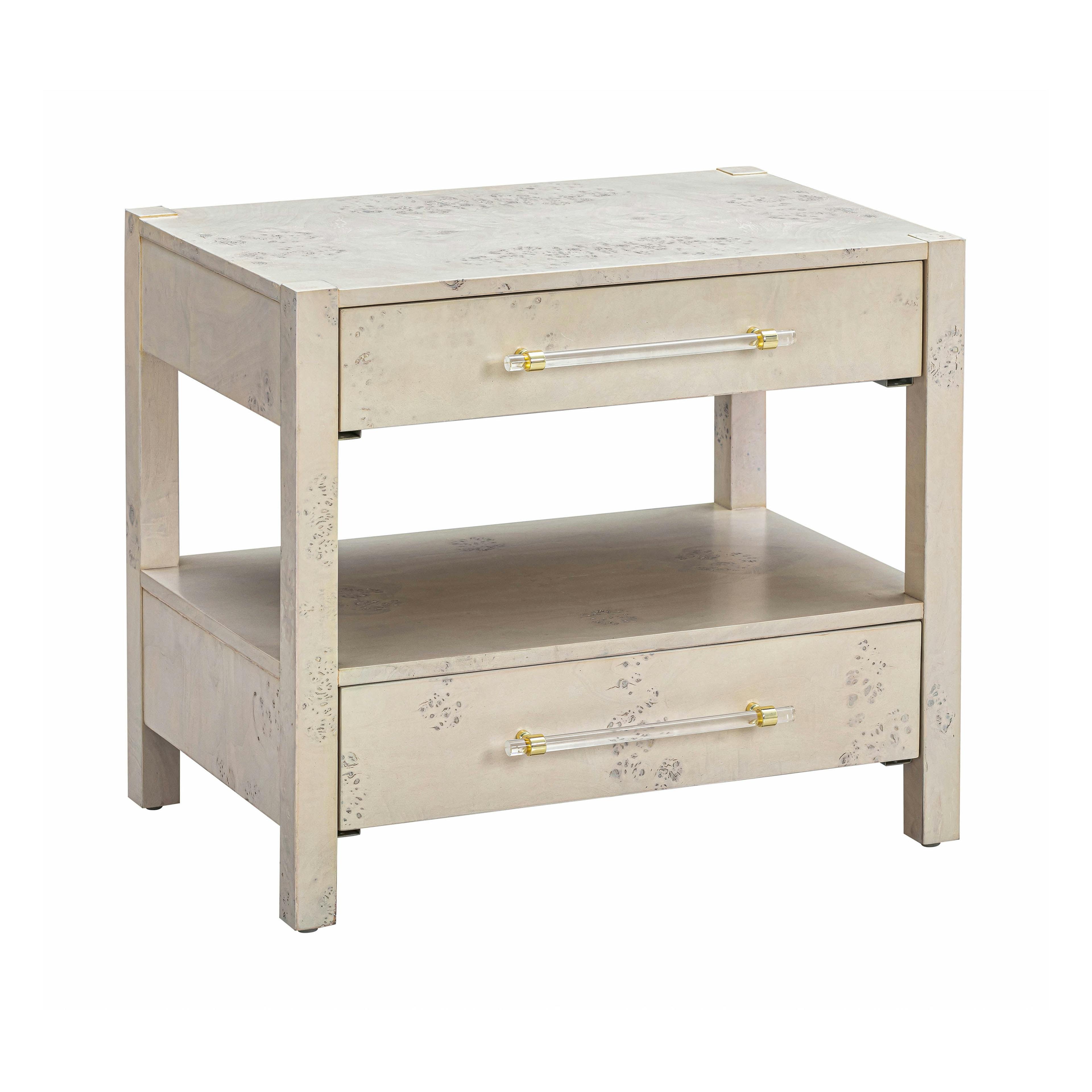 Contemporary White Burl Acacia Nightstand with Brass Accents