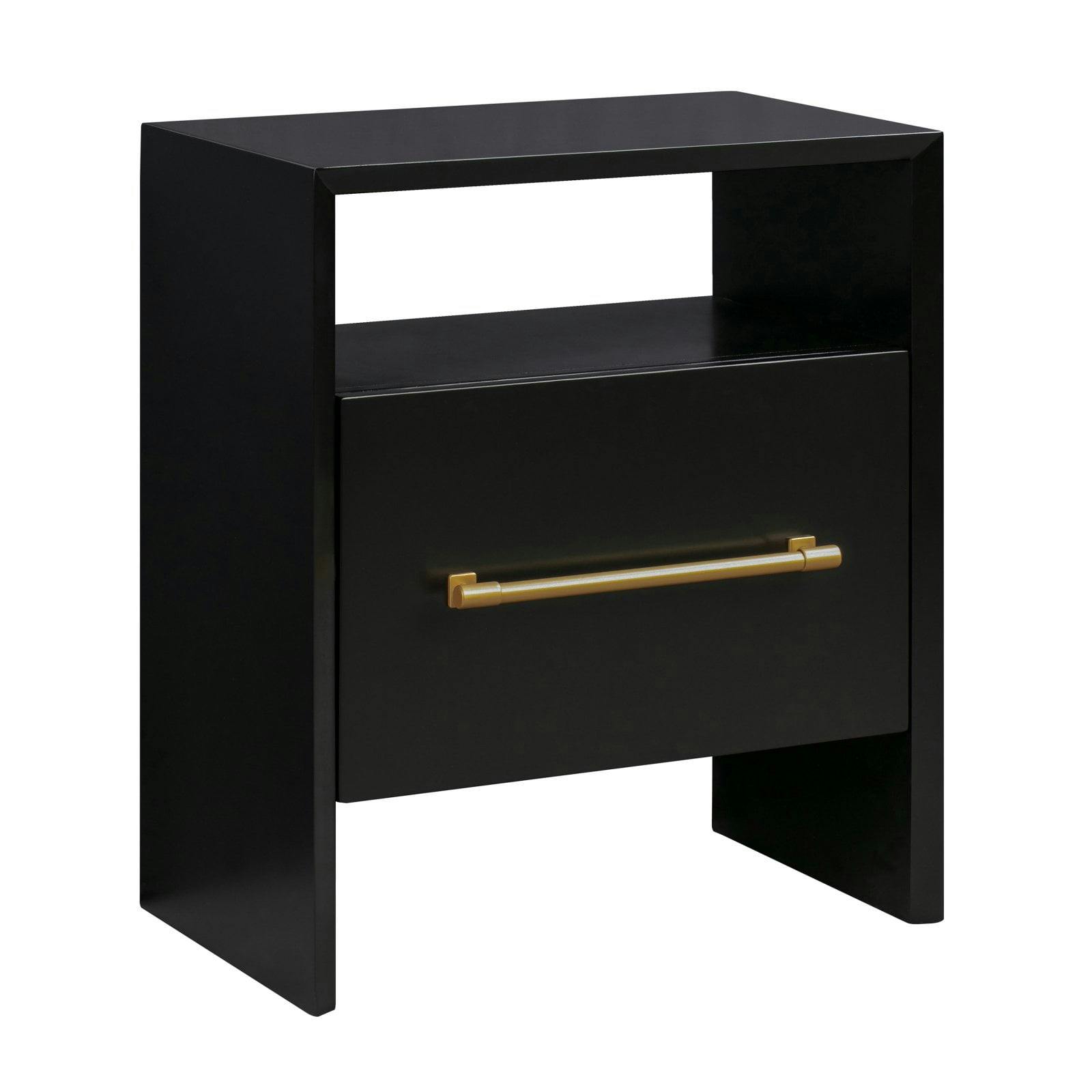 Libre Contemporary Black Nightstand with Gold Accents and Storage Shelf