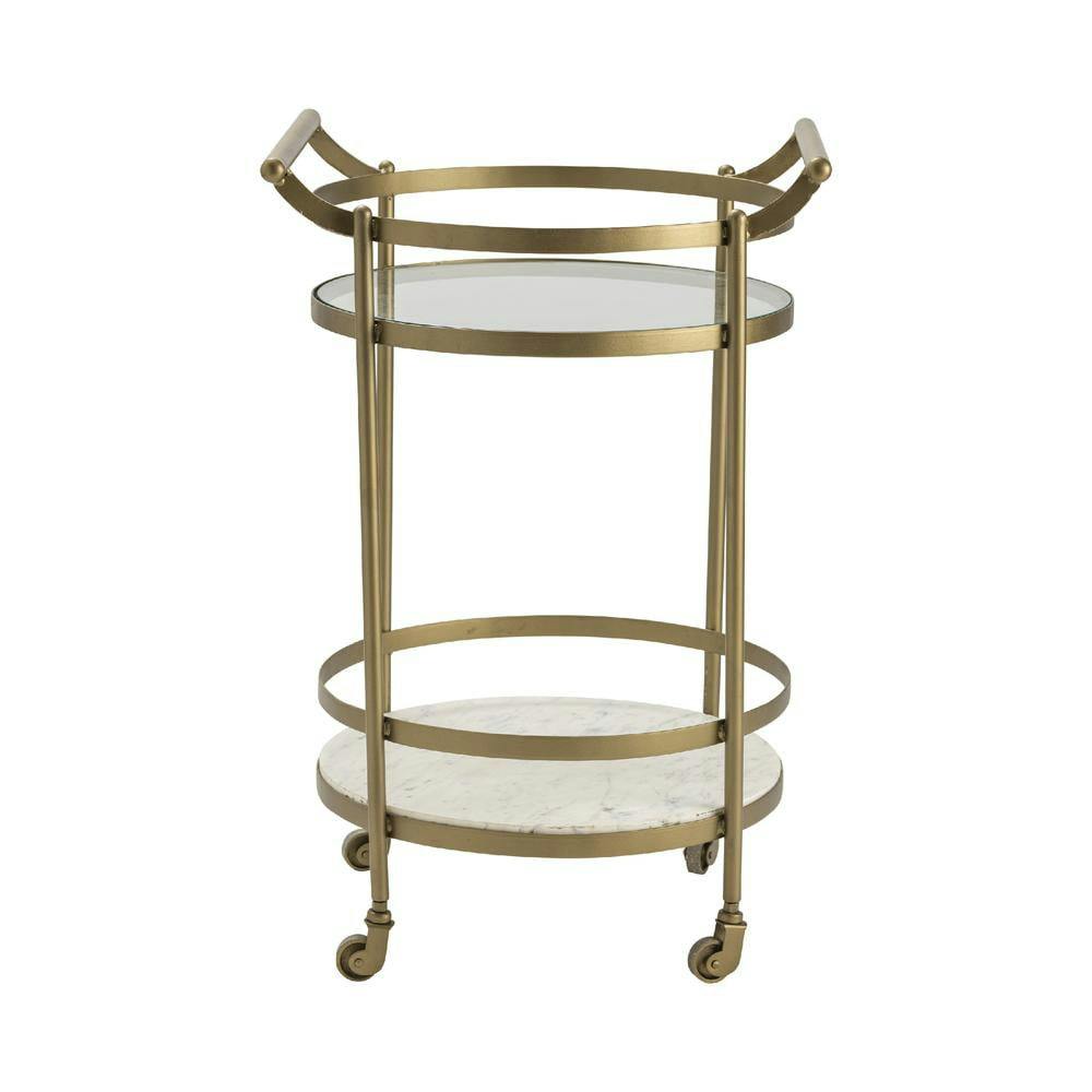Elegant Gold Round Bar Cart with White Marble and Glass Shelves