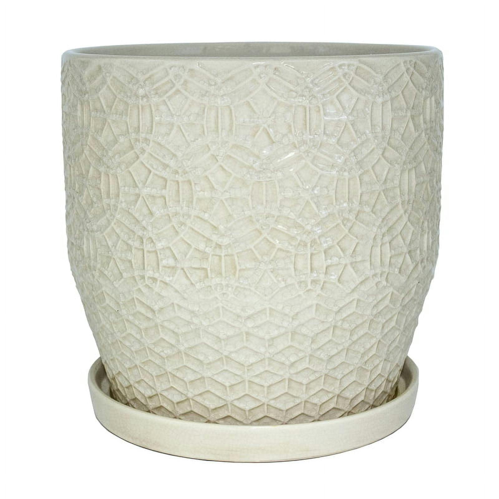 Rivage 12" Ivory White Ceramic Crackle Round Planter with Saucer