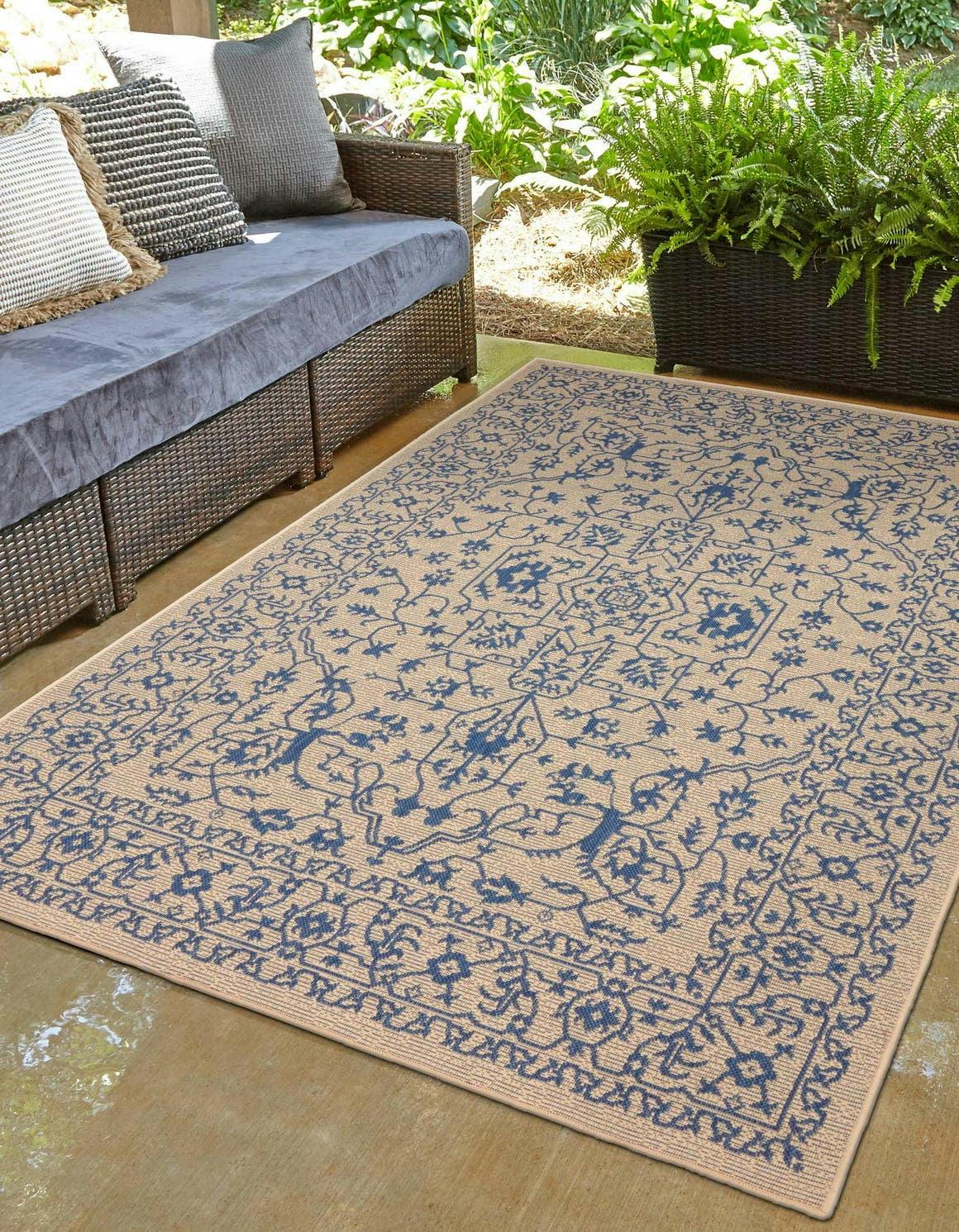 Beige and Blue Synthetic Rectangular Outdoor Rug, Stain-Resistant and Easy Care