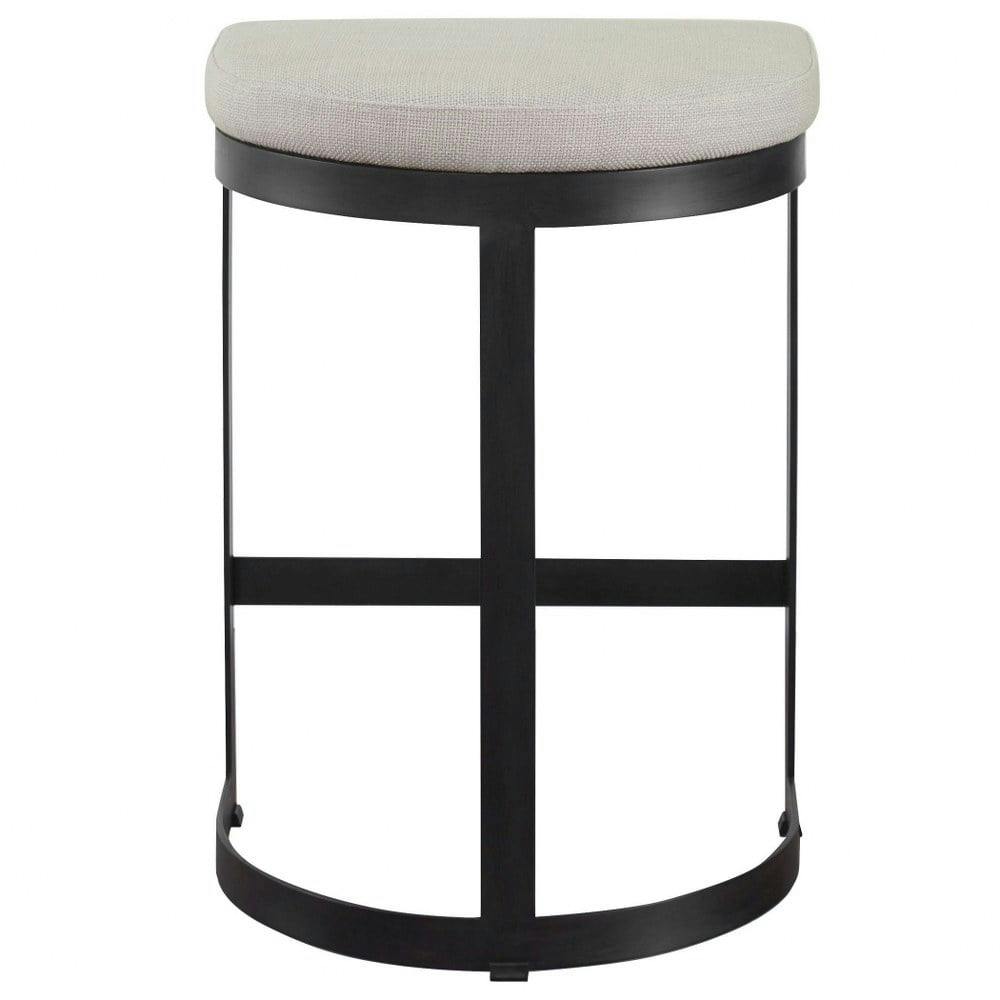Contemporary Matte Black Iron Counter Stool with Off-White Linen Seat