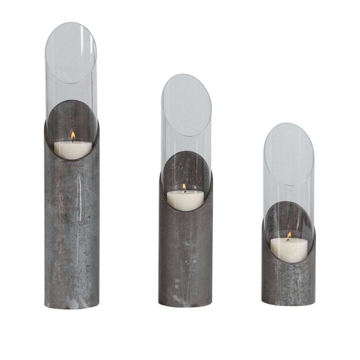 Sleek Angular Raw Iron and Glass Candleholder Trio Set