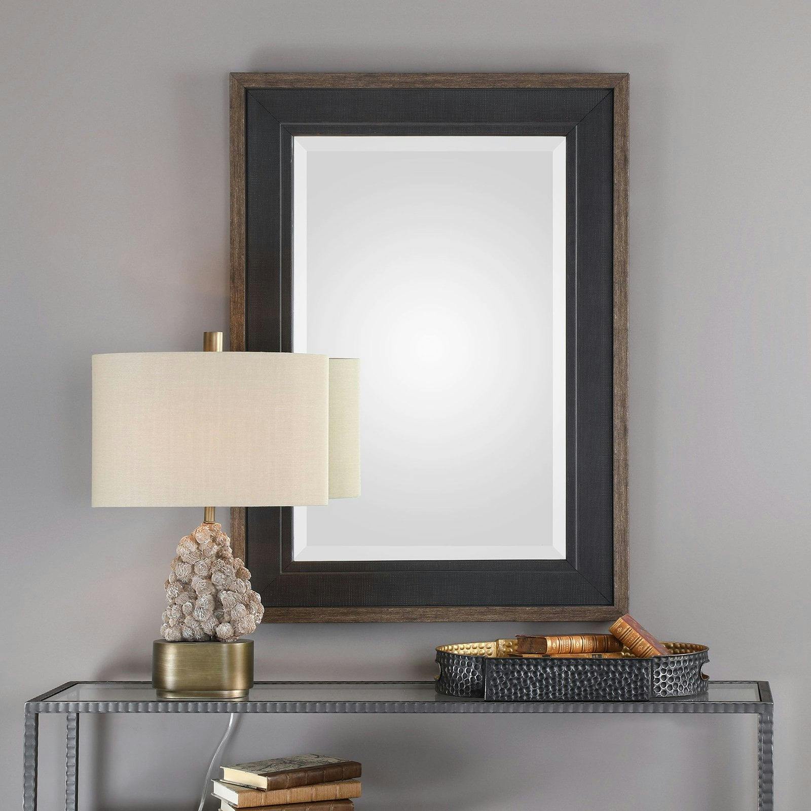 Transitional Aged Bronze and Black Rectangular Wood Wall Mirror 30" Wide